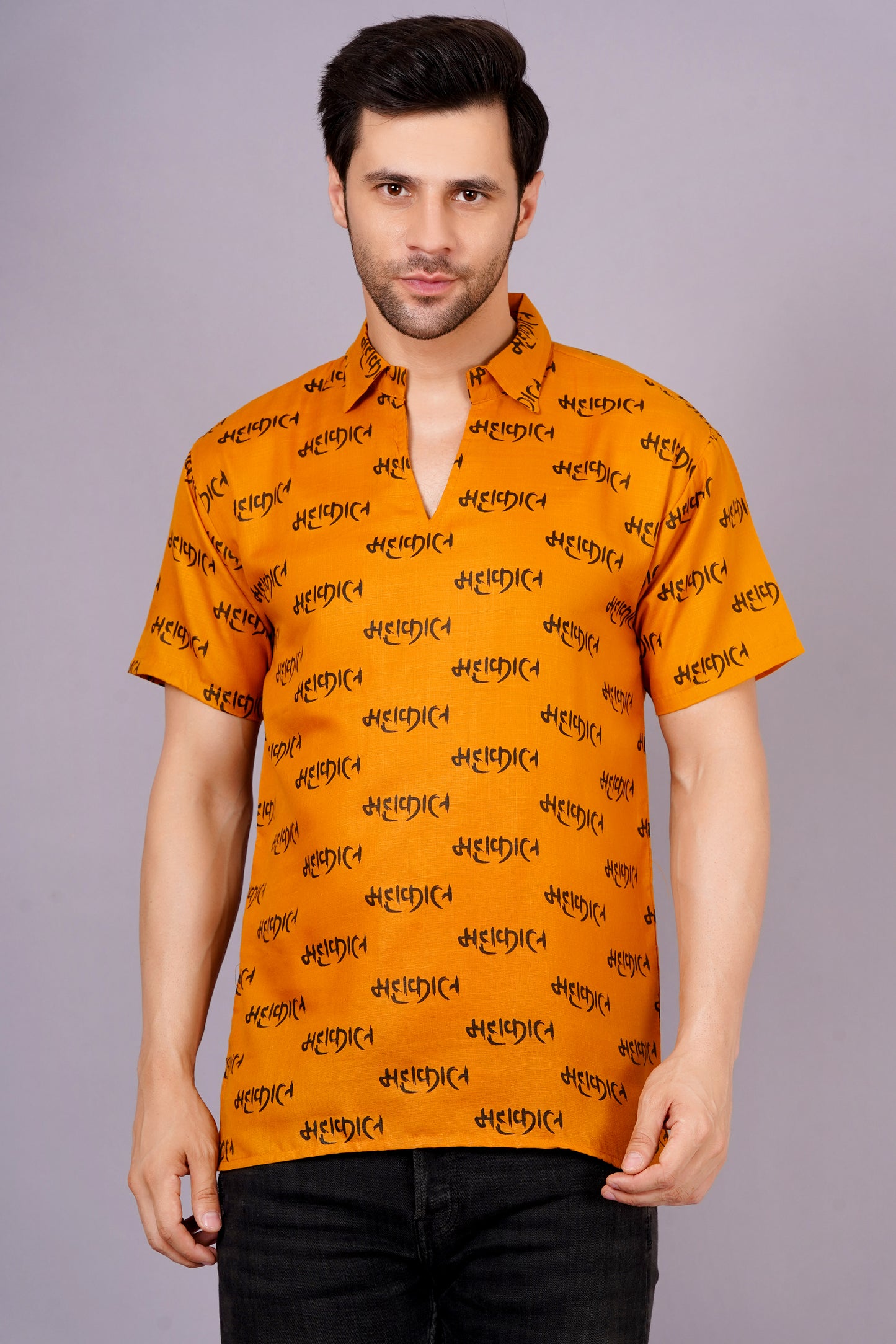 AXOLOTL Premium Lord Mahakaal Printed Cotton Blend Men Short Kurta