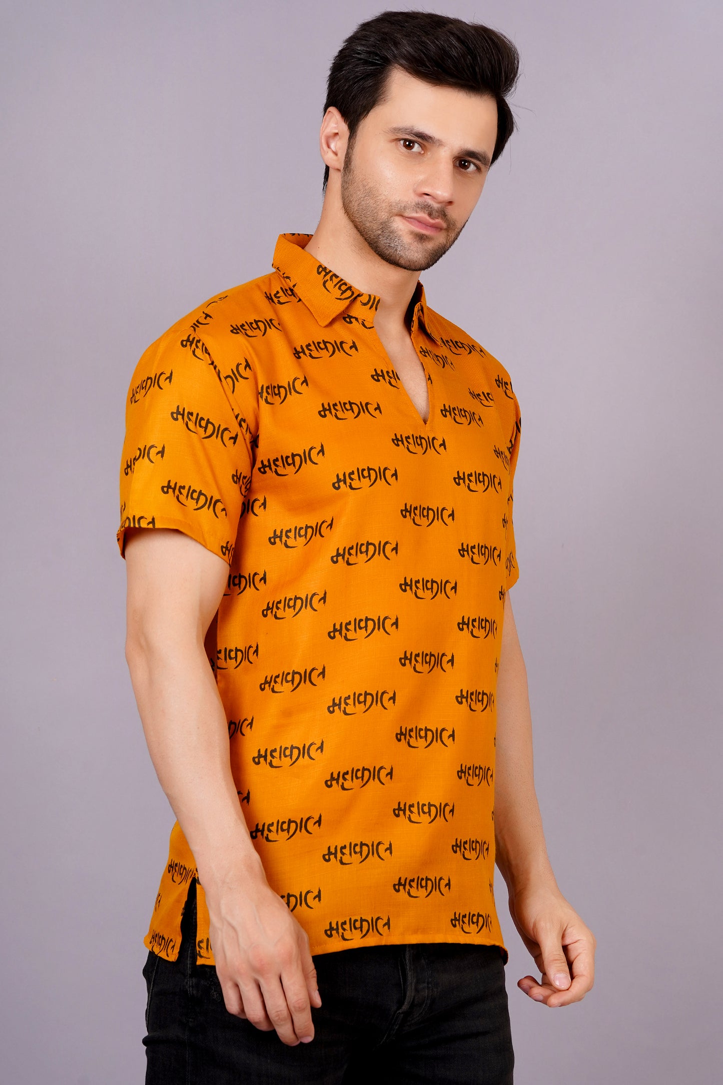 AXOLOTL Premium Lord Mahakaal Printed Cotton Blend Men Short Kurta