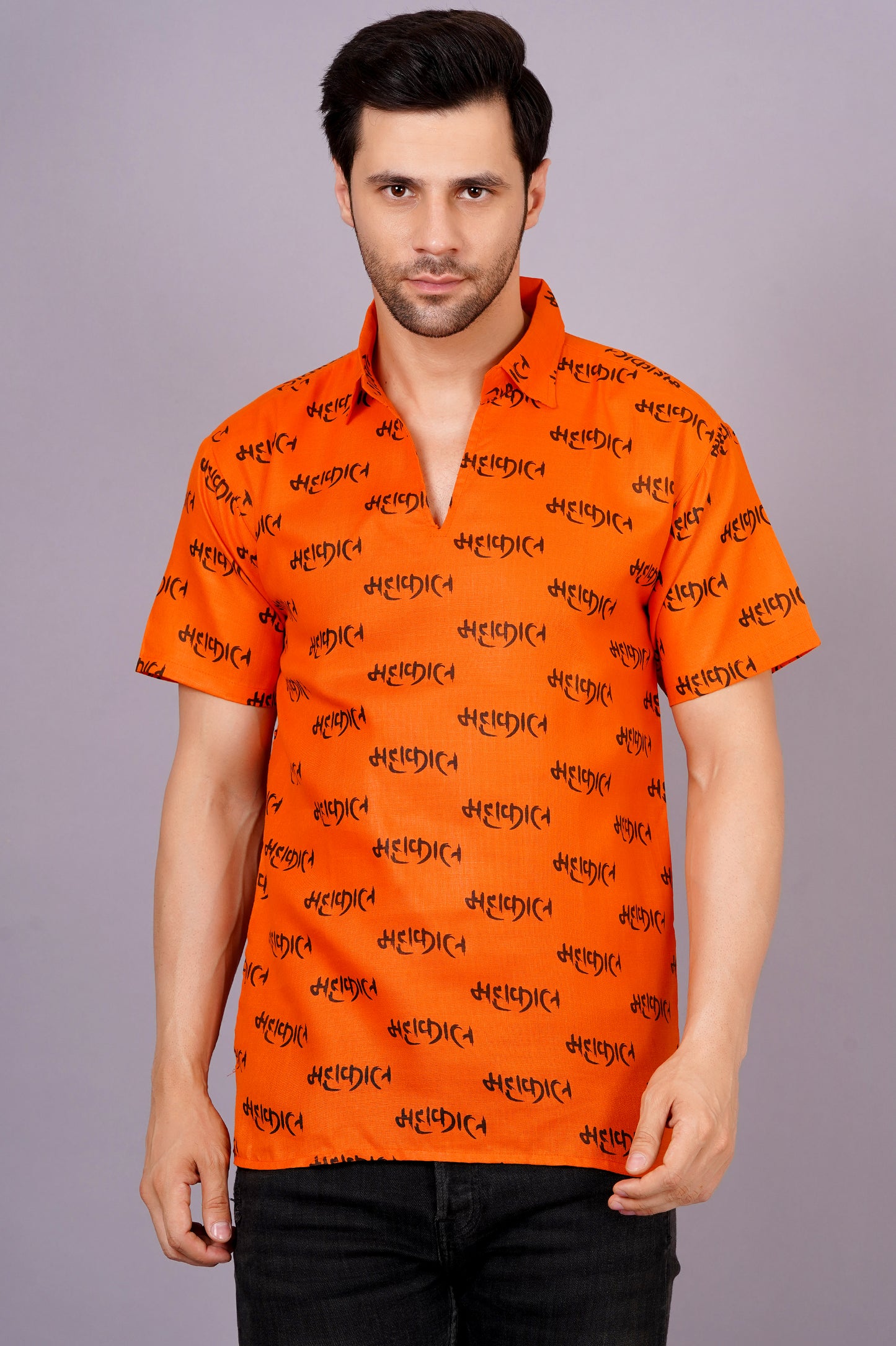 AXOLOTL Premium Lord Mahakaal Printed Cotton Blend Men Short Kurta