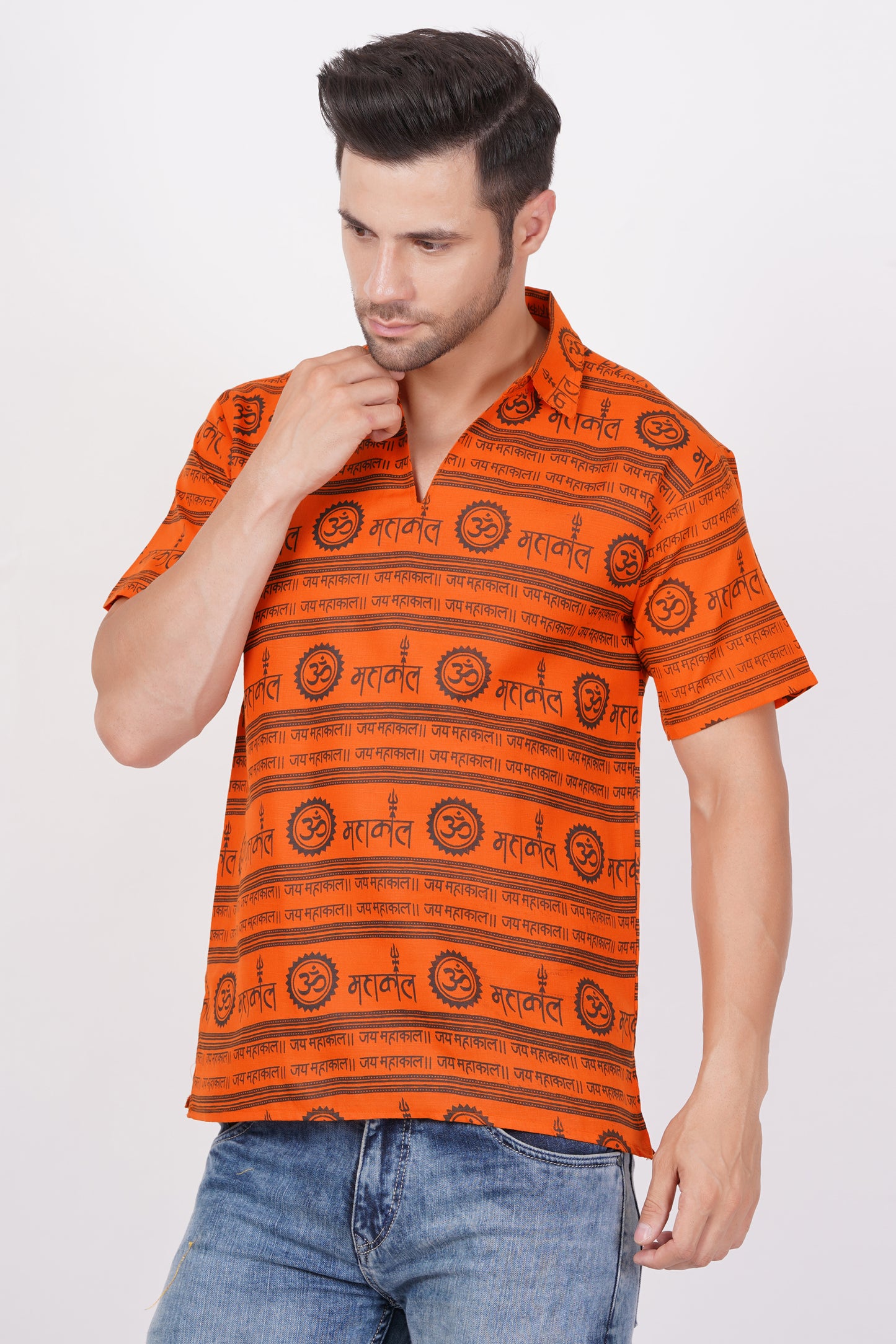 AXOLOTL Premium Lord Mahakaal Religious Print Cotton Blend Men Short Kurta