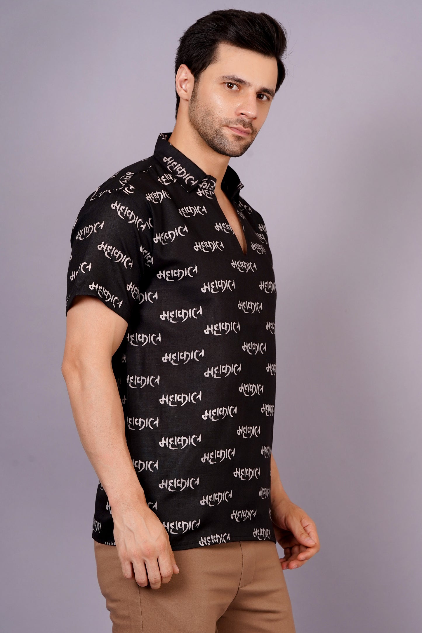 AXOLOTL Premium Lord Mahakaal Printed Cotton Blend Men Short Kurta