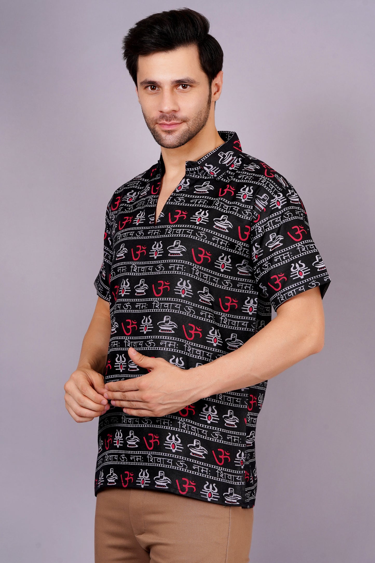 AXOLOTL Premium OmMantra Religious Print Cotton Blend Men Short Kurta