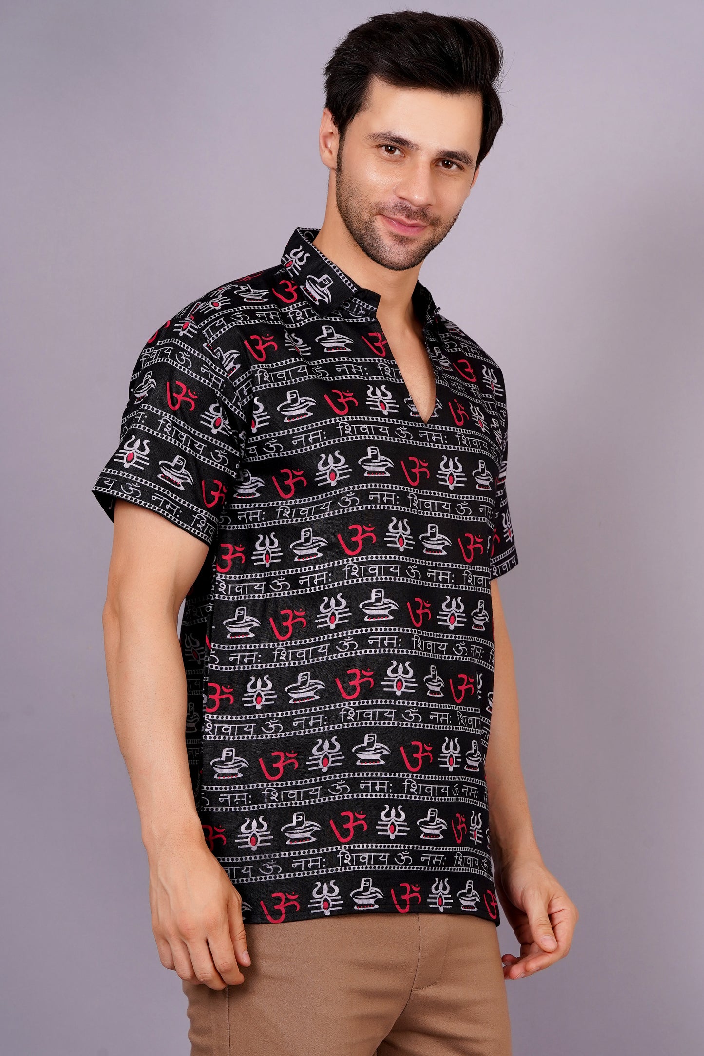 AXOLOTL Premium OmMantra Religious Print Cotton Blend Men Short Kurta