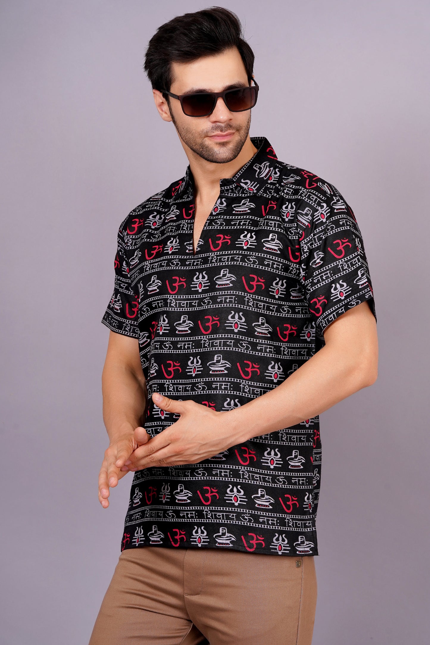 AXOLOTL Premium OmMantra Religious Print Cotton Blend Men Short Kurta