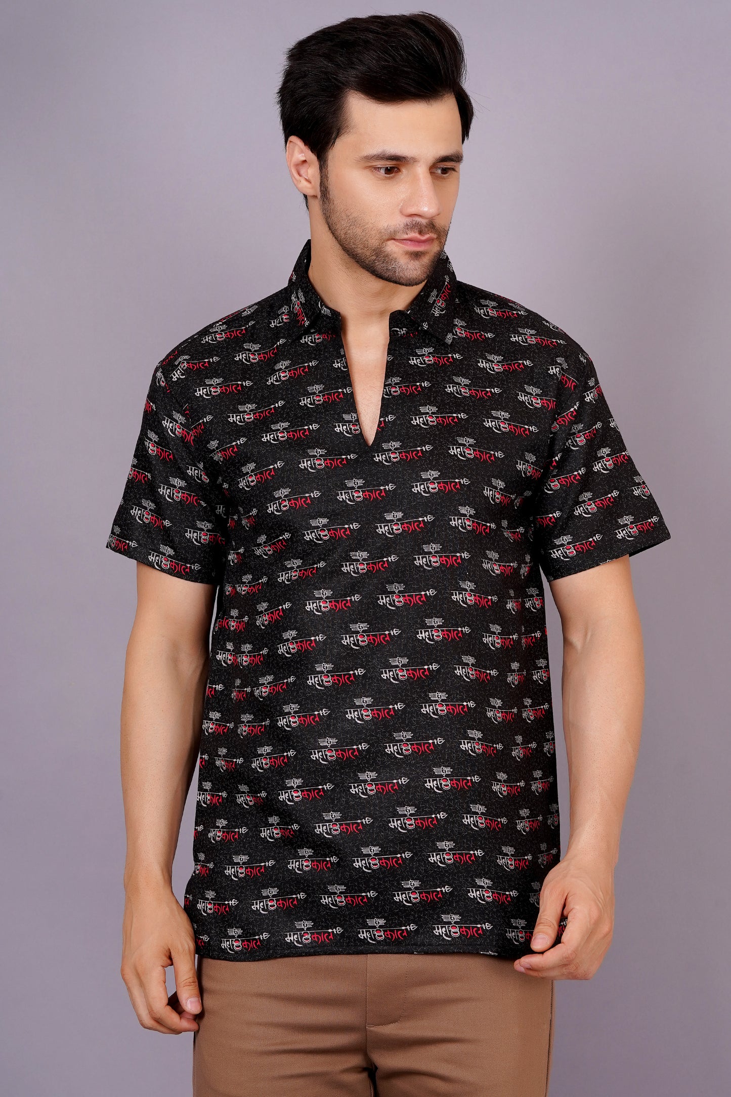 AXOLOTL Premium Lord Mahakaal Printed Cotton Blend Men Short Kurta