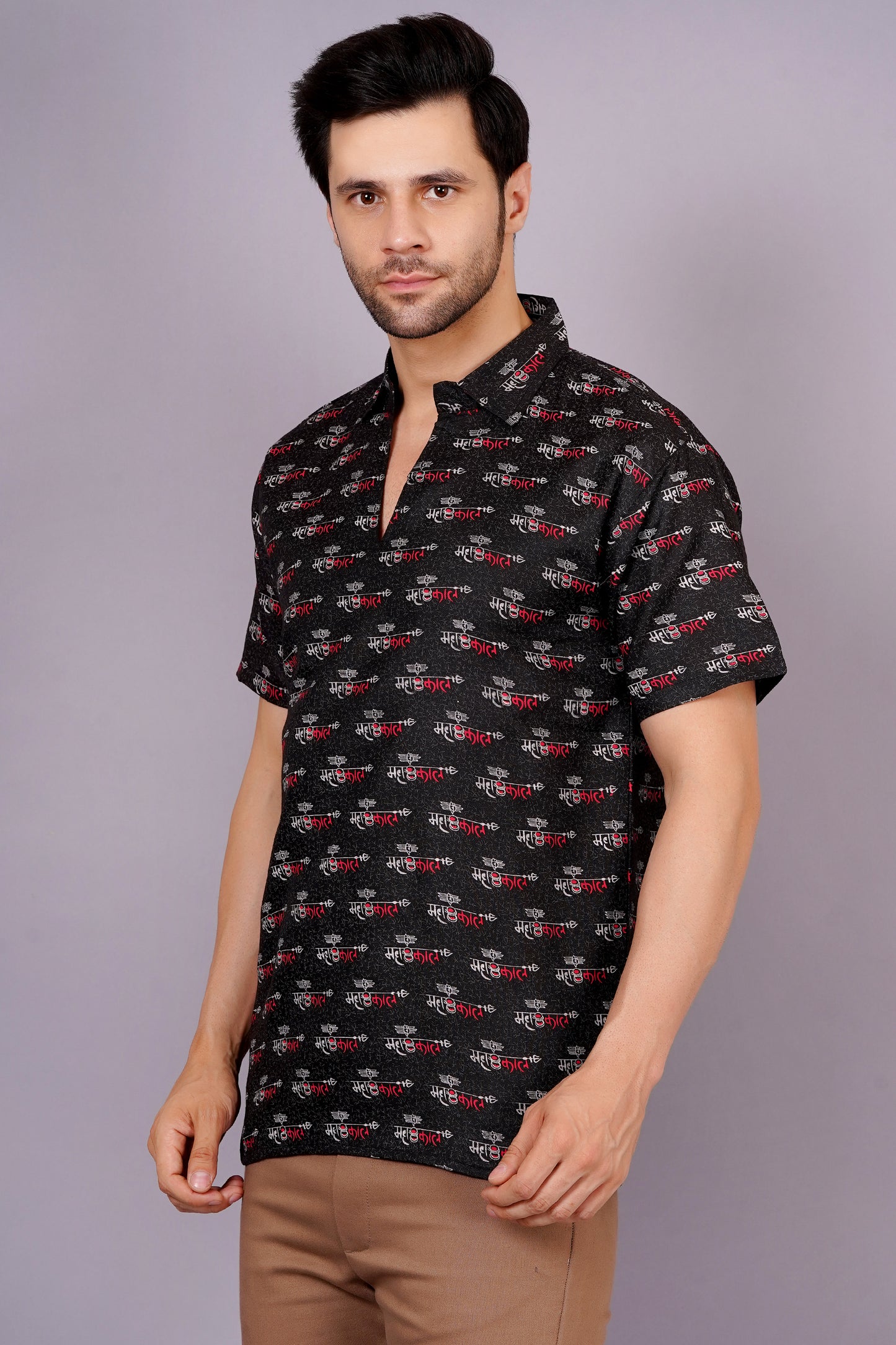 AXOLOTL Premium Lord Mahakaal Printed Cotton Blend Men Short Kurta