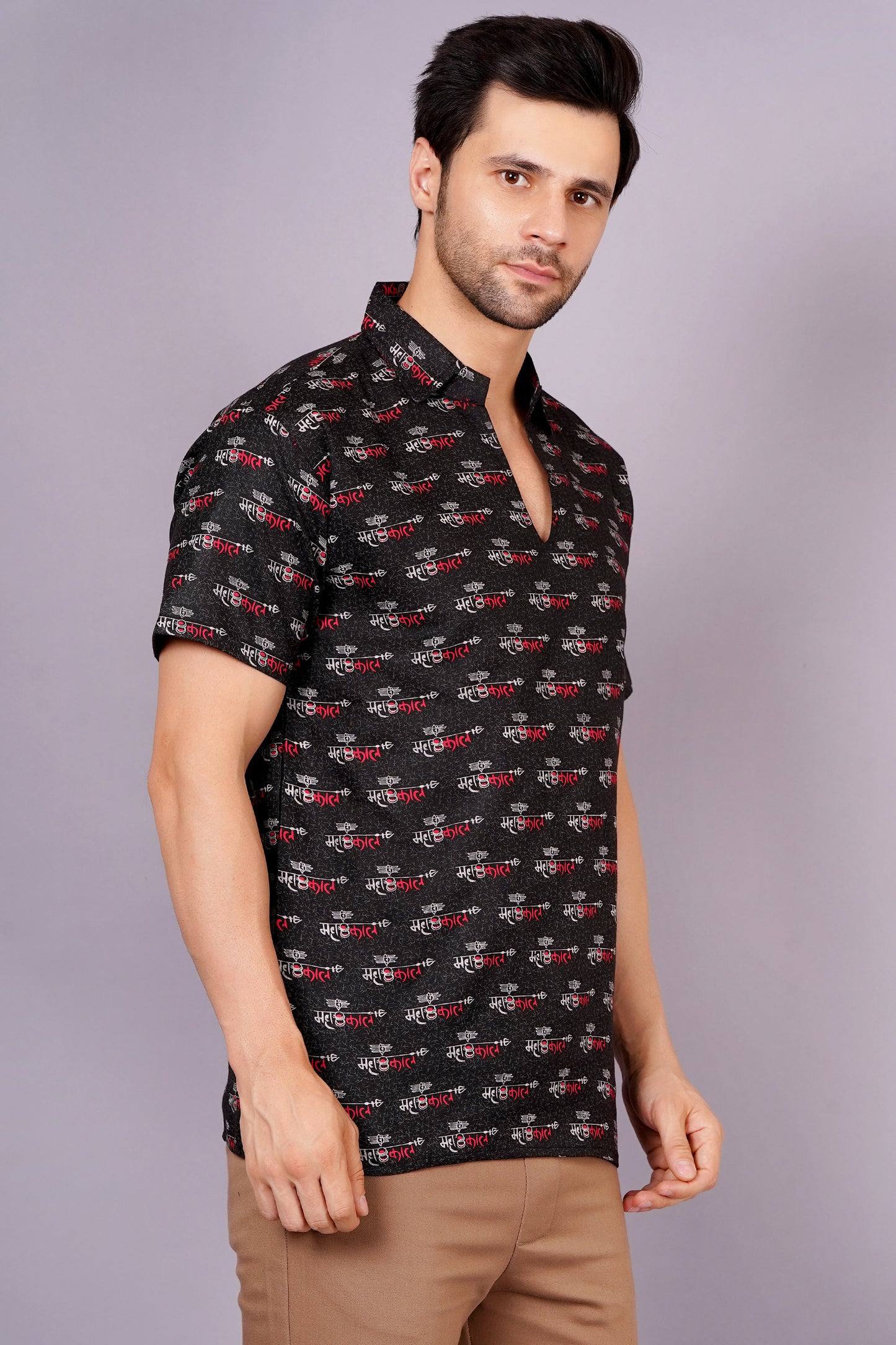 AXOLOTL Premium Lord Mahakaal Printed Cotton Blend Men Short Kurta