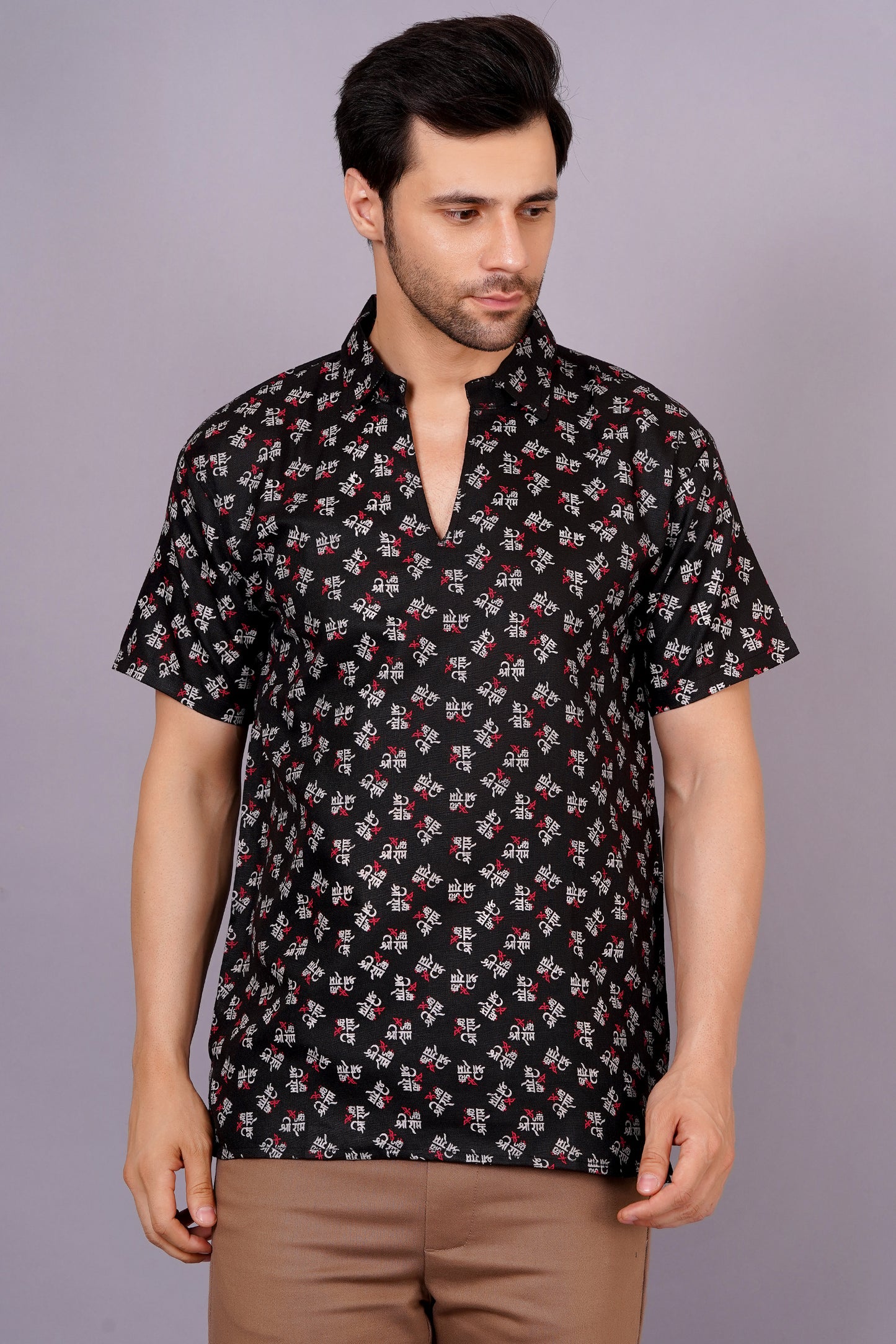 AXOLOTL Premium Jay Shree Ram Printed Cotton Blend Men Short Kurta