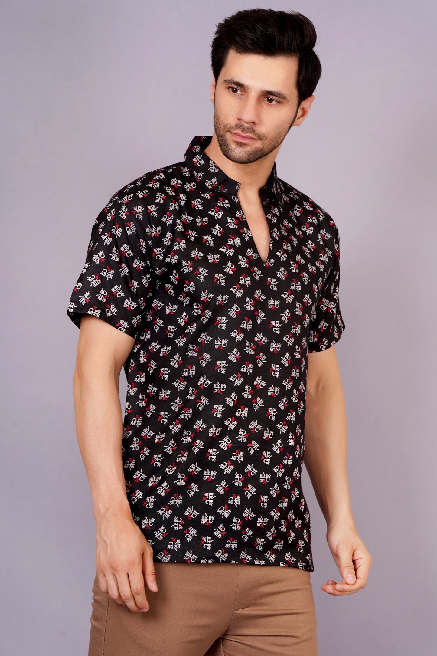 AXOLOTL Premium Jay Shree Ram Printed Cotton Blend Men Short Kurta