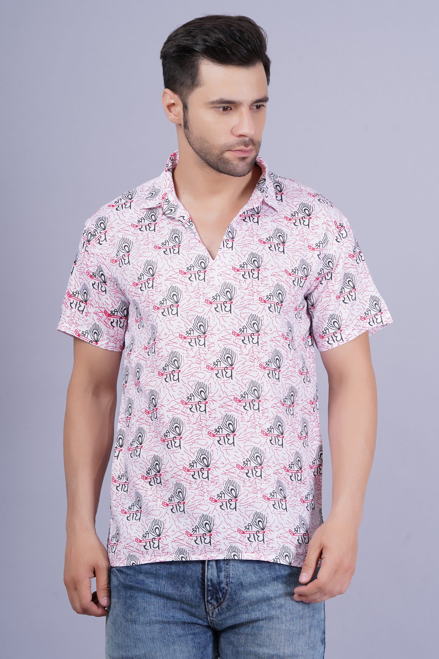 AXOLOTL Premium Radhe Radhe Religious Print Cotton Blend Men Short Kurta