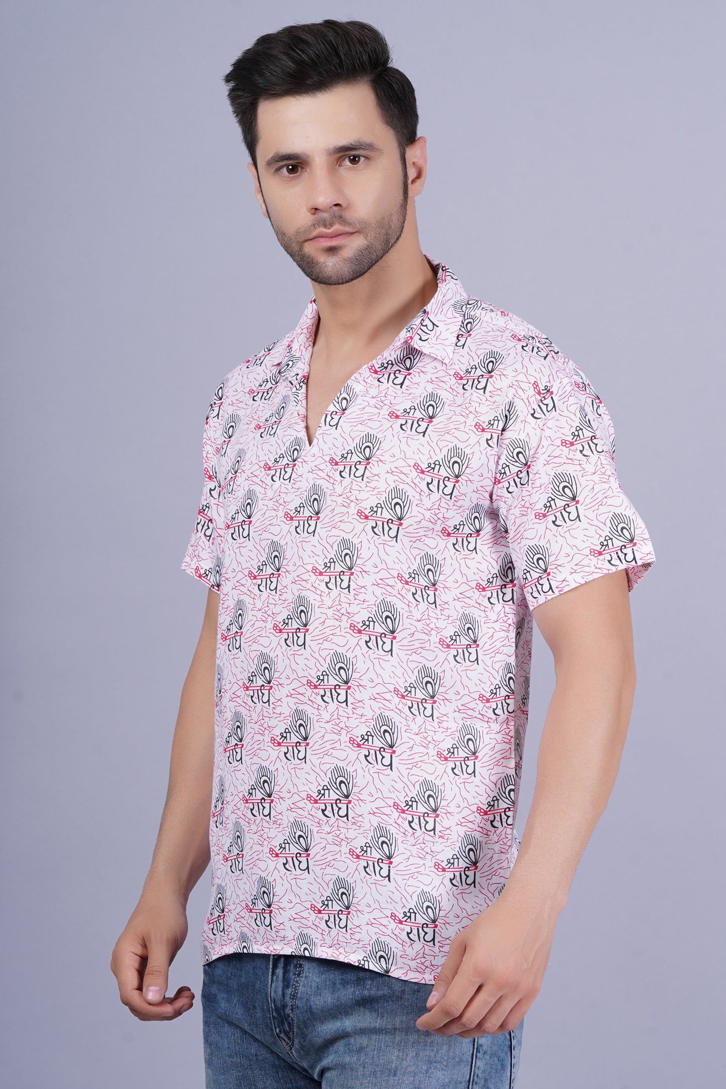 AXOLOTL Premium Radhe Radhe Religious Print Cotton Blend Men Short Kurta