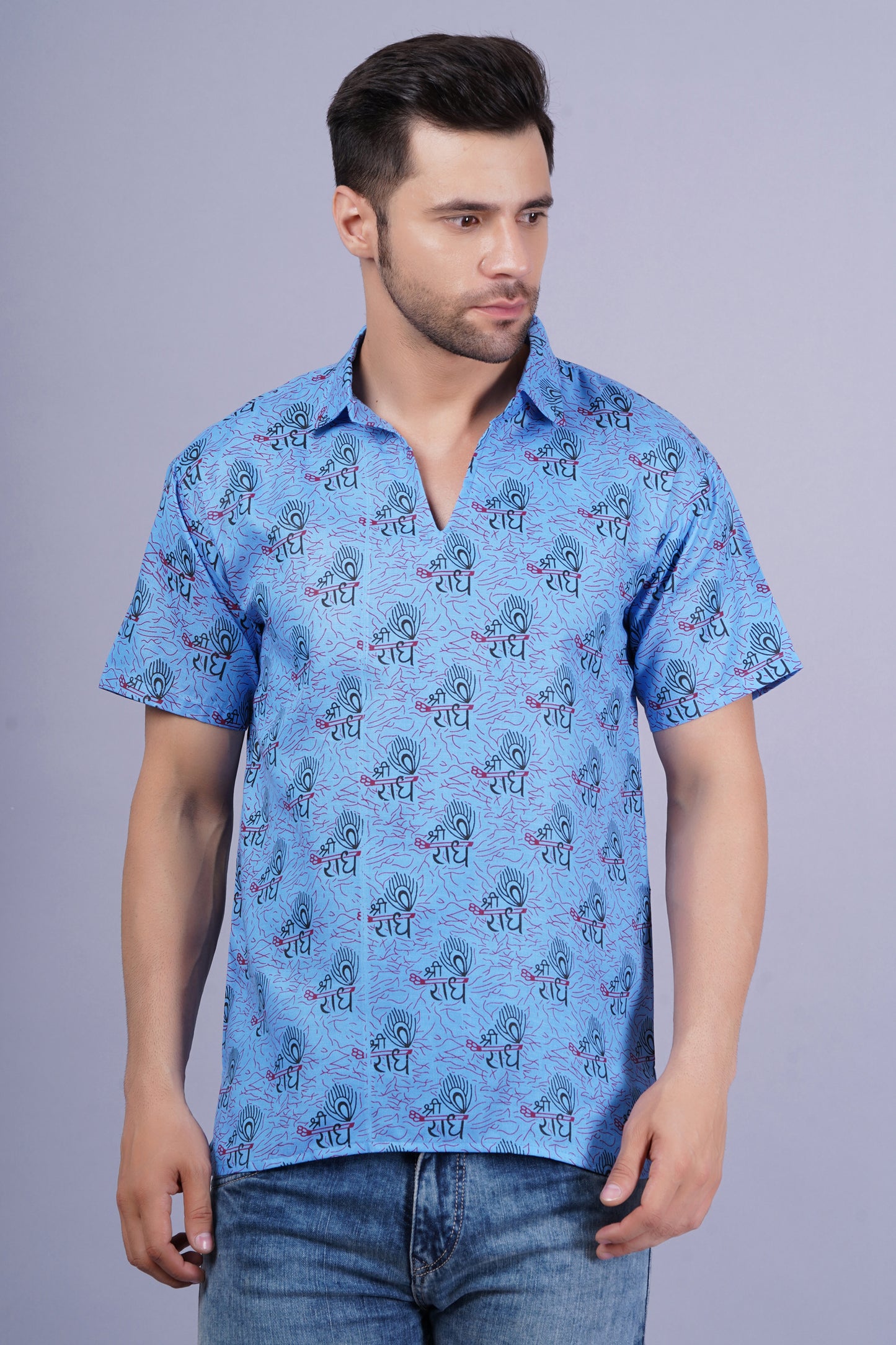 AXOLOTL Premium Radhe Radhe Religious Print Cotton Blend Men Short Kurta