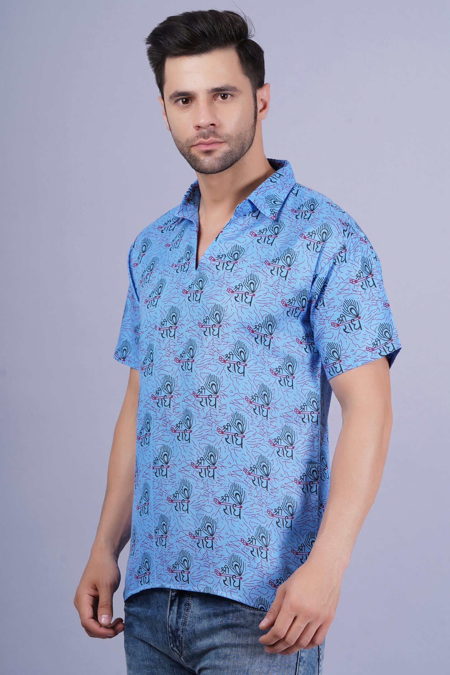 AXOLOTL Premium Radhe Radhe Religious Print Cotton Blend Men Short Kurta