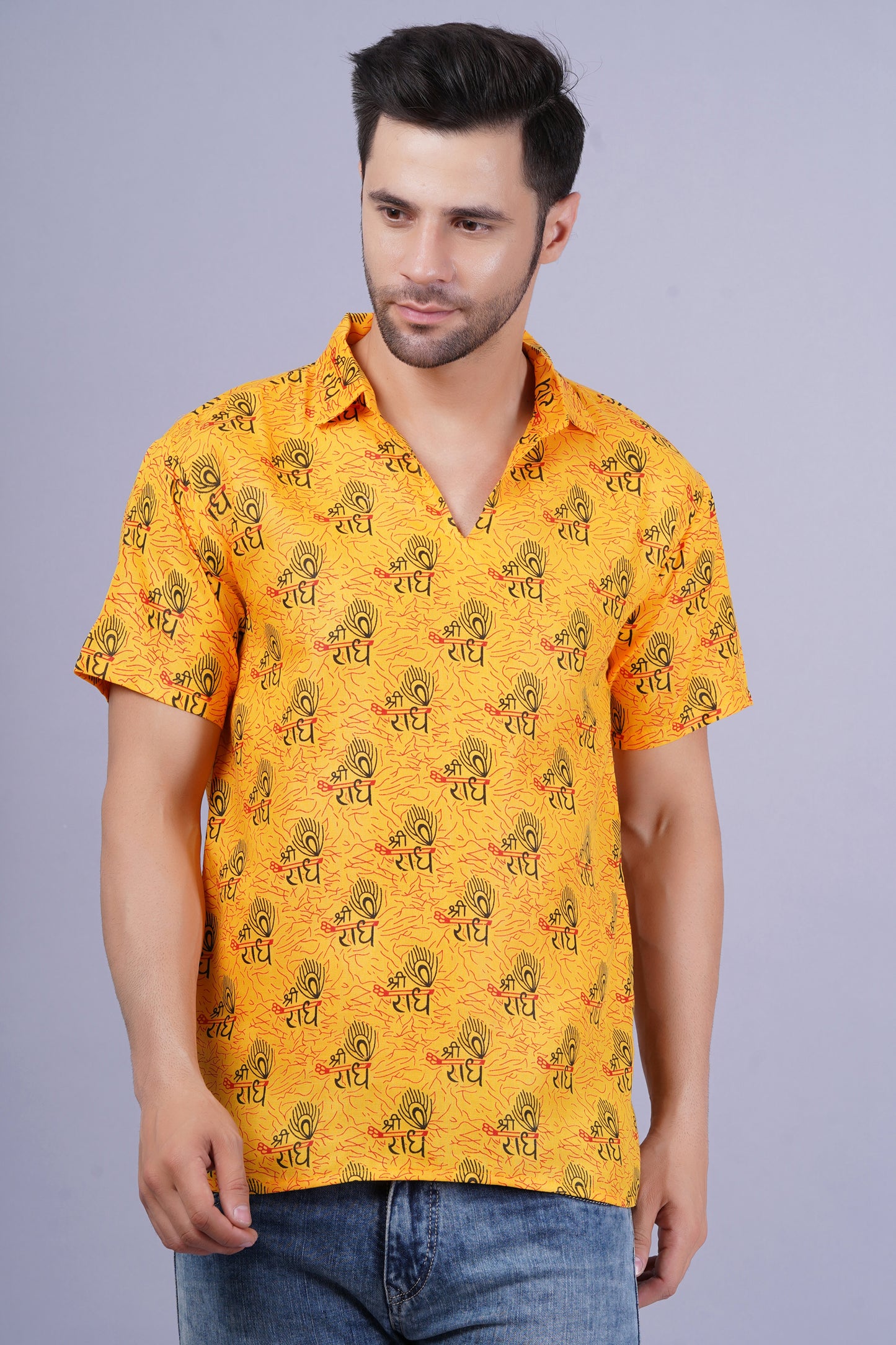 AXOLOTL Premium Radhe Radhe Religious Print Cotton Blend Men Short Kurta