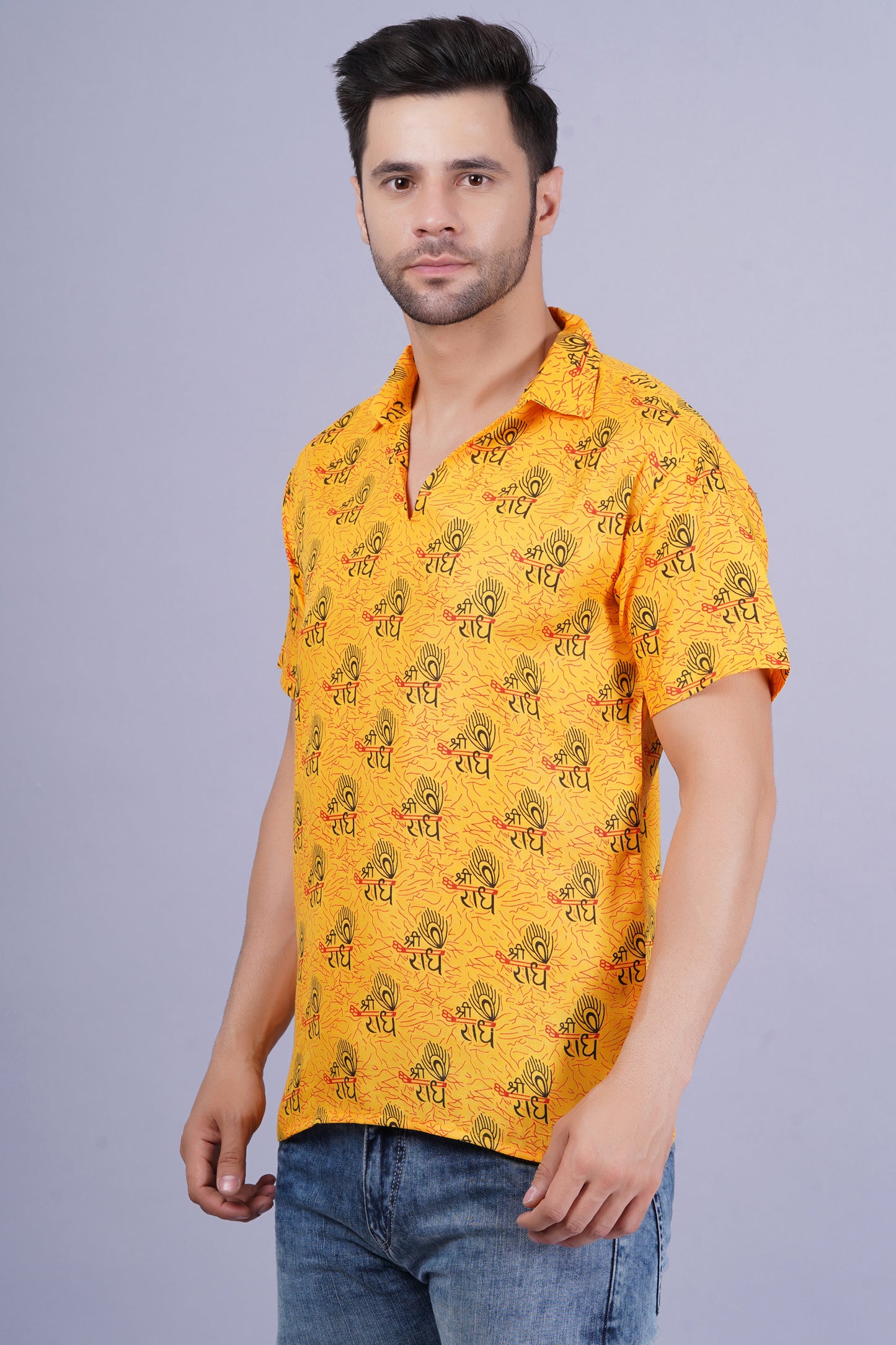 AXOLOTL Premium Radhe Radhe Religious Print Cotton Blend Men Short Kurta