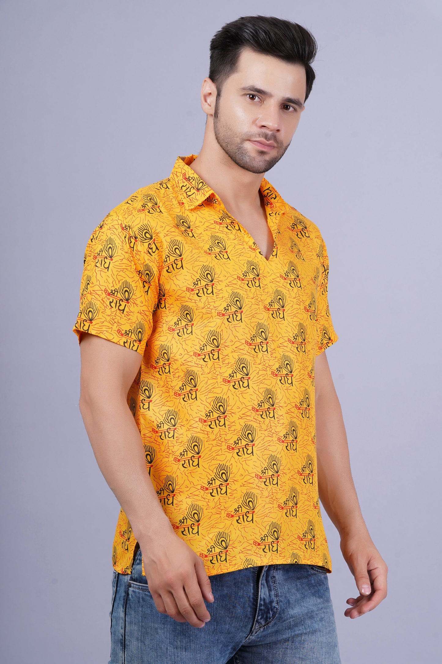 AXOLOTL Premium Radhe Radhe Religious Print Cotton Blend Men Short Kurta