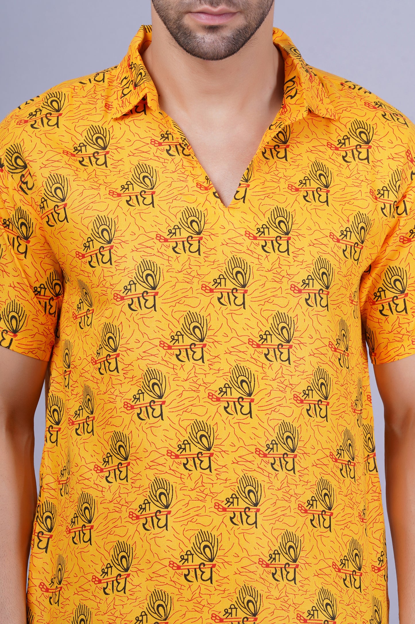 AXOLOTL Premium Radhe Radhe Religious Print Cotton Blend Men Short Kurta