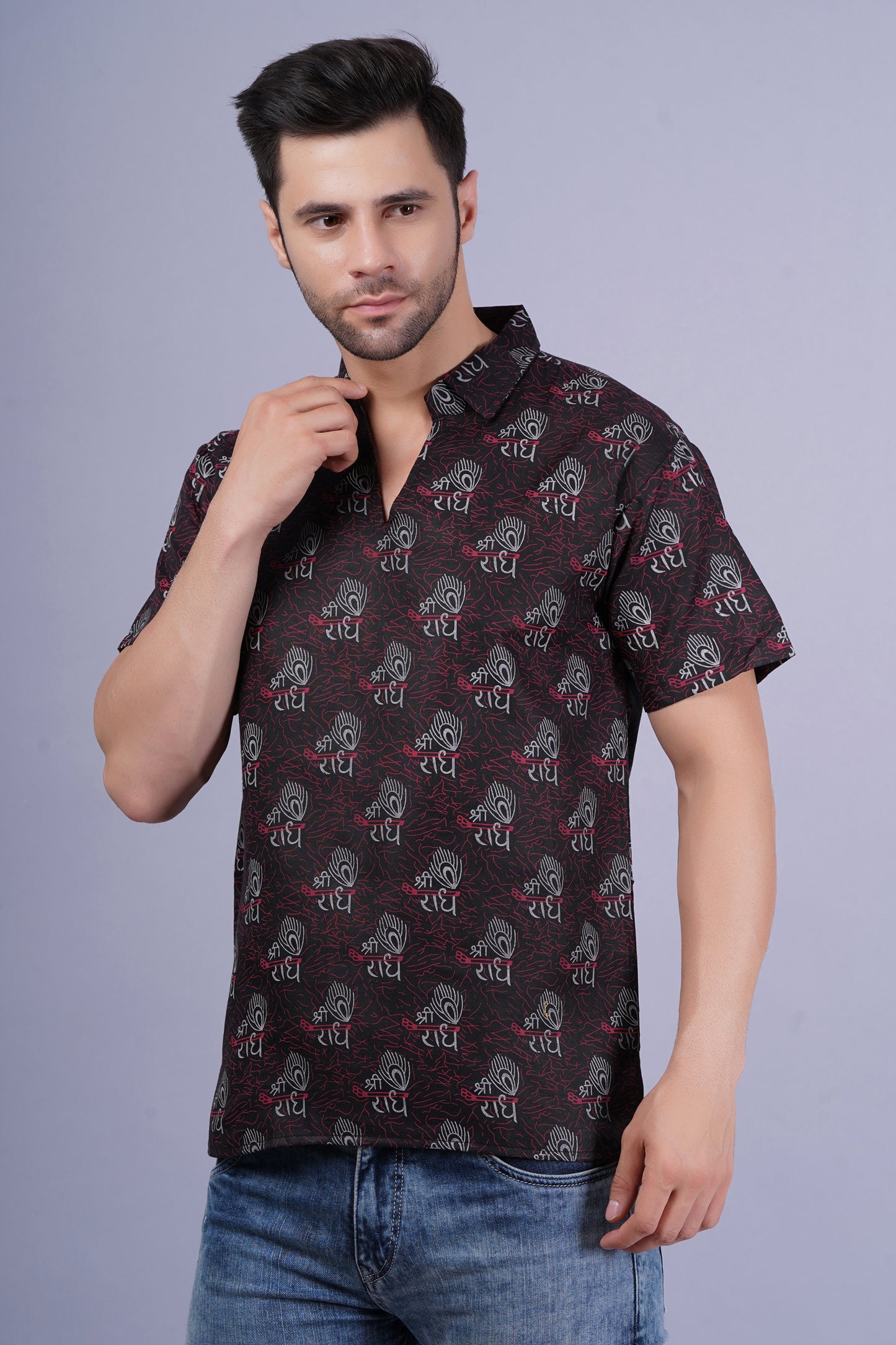 AXOLOTL Premium Radhe Radhe Religious Print Cotton Blend Men Short Kurta