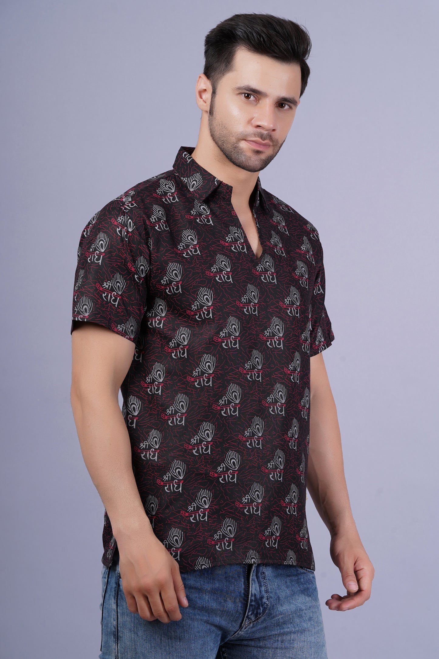 AXOLOTL Premium Radhe Radhe Religious Print Cotton Blend Men Short Kurta