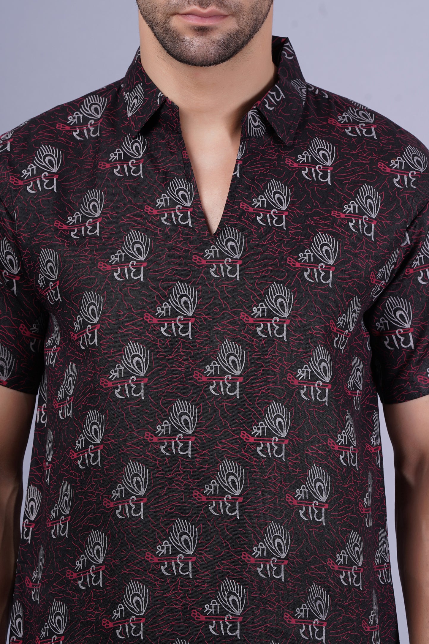 AXOLOTL Premium Radhe Radhe Religious Print Cotton Blend Men Short Kurta