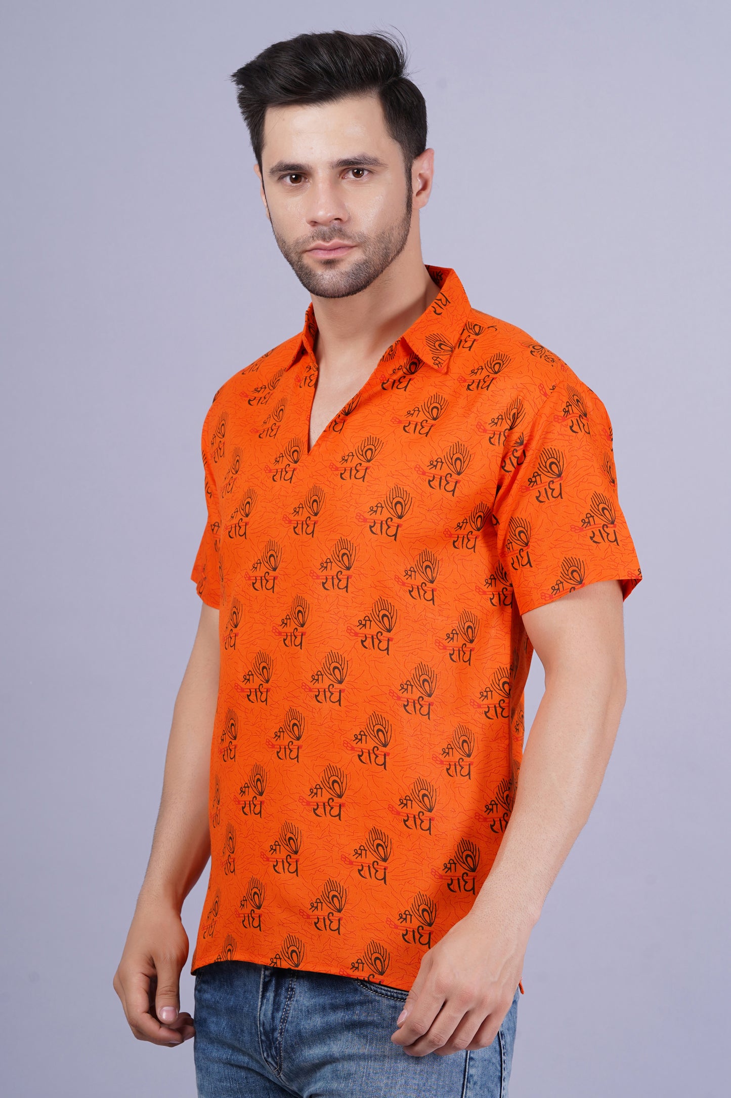 AXOLOTL Premium Radhe Radhe Religious Print Cotton Blend Men Short Kurta