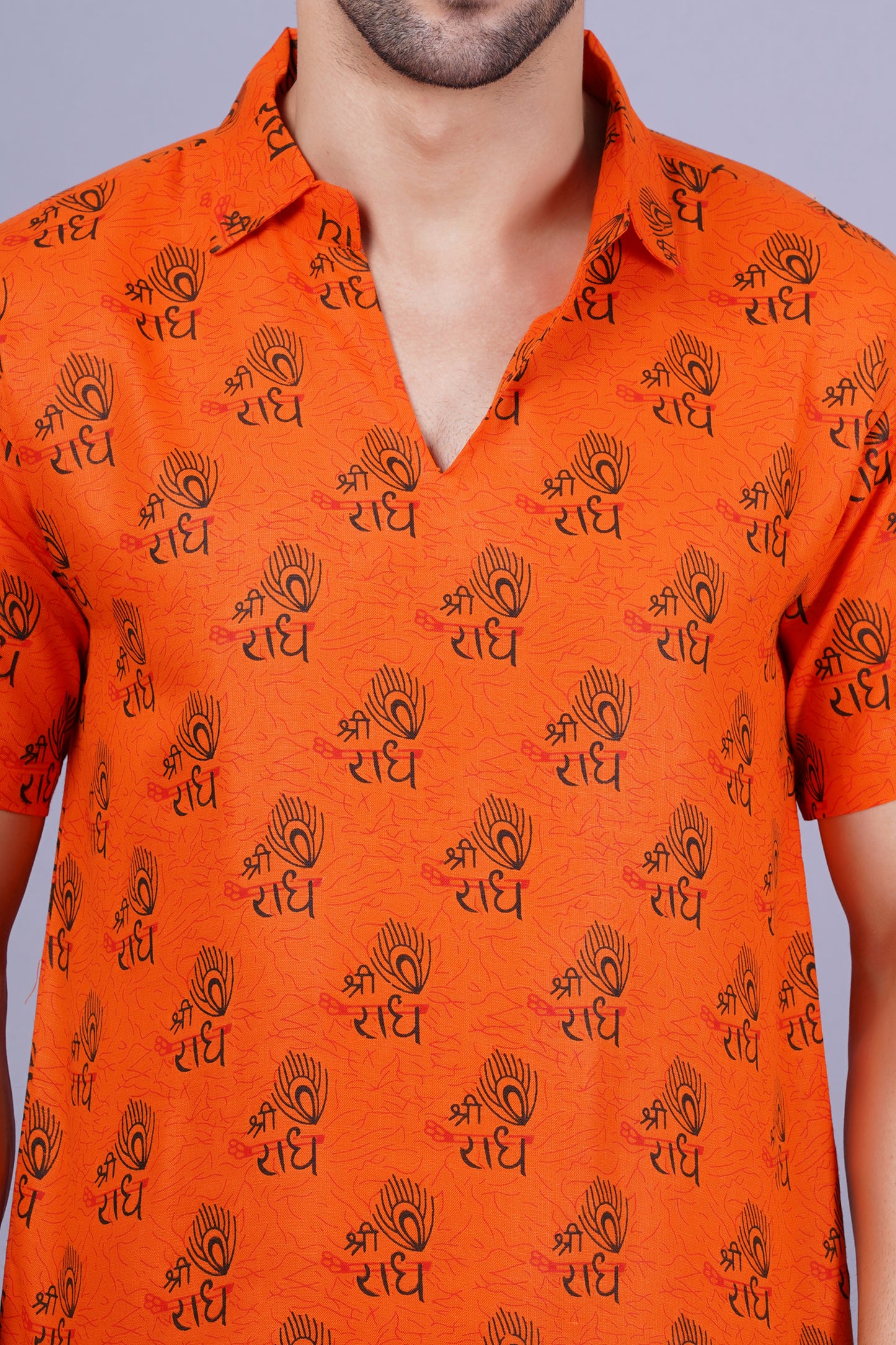 AXOLOTL Premium Radhe Radhe Religious Print Cotton Blend Men Short Kurta