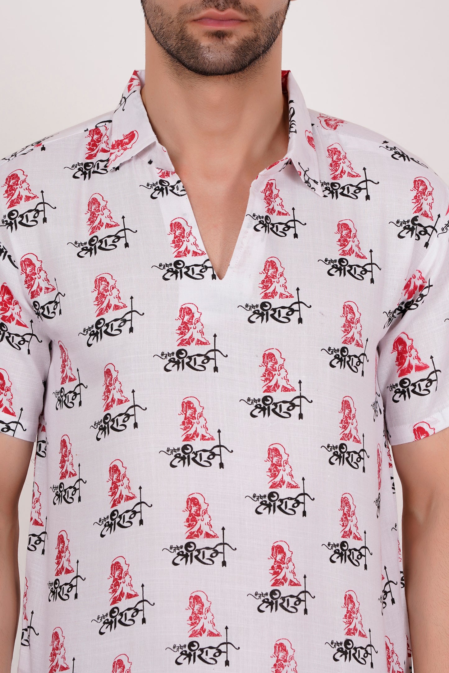 AXOLOTL Premium Jay Shree Ram Religious Print Cotton Blend Men Short Kurta