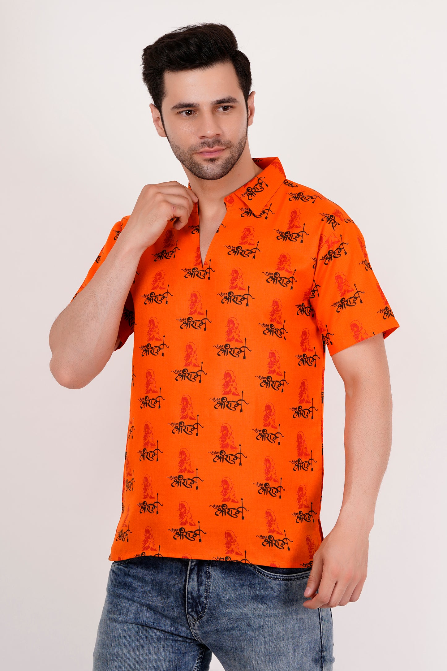 AXOLOTL Premium Jay Shree Ram Religious Print Cotton Blend Men Short Kurta