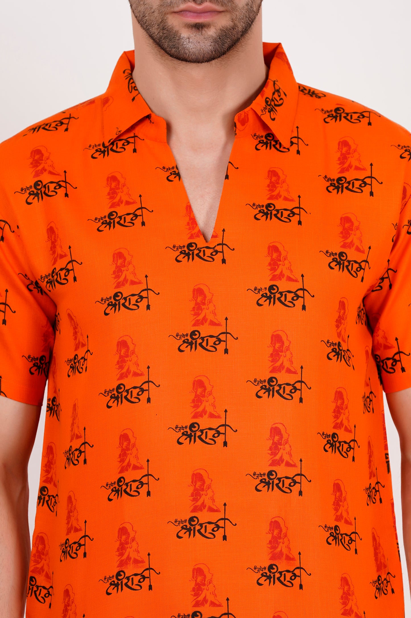 AXOLOTL Premium Jay Shree Ram Religious Print Cotton Blend Men Short Kurta