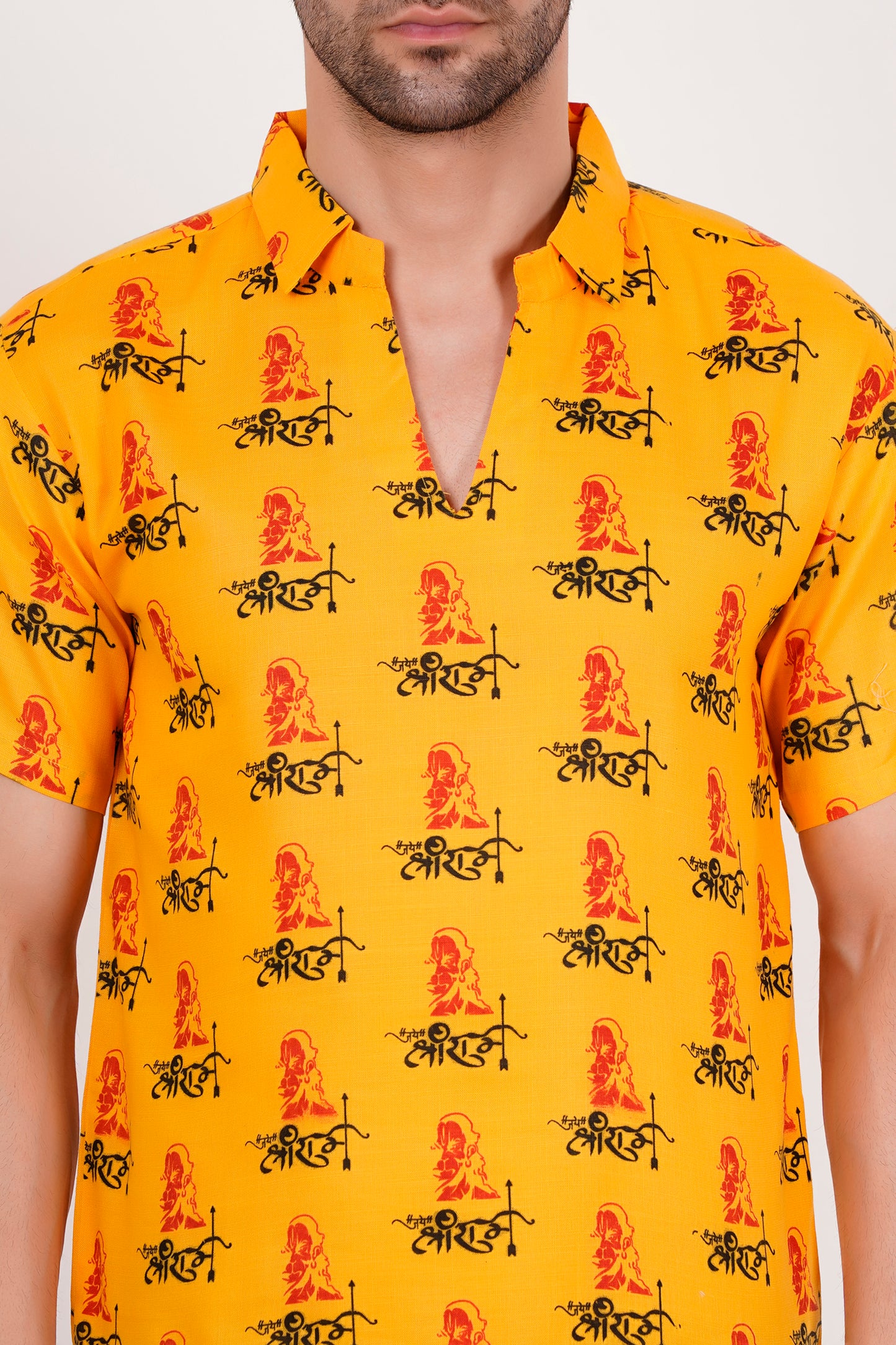 AXOLOTL Premium Jay Shree Ram Religious Print Cotton Blend Men Short Kurta