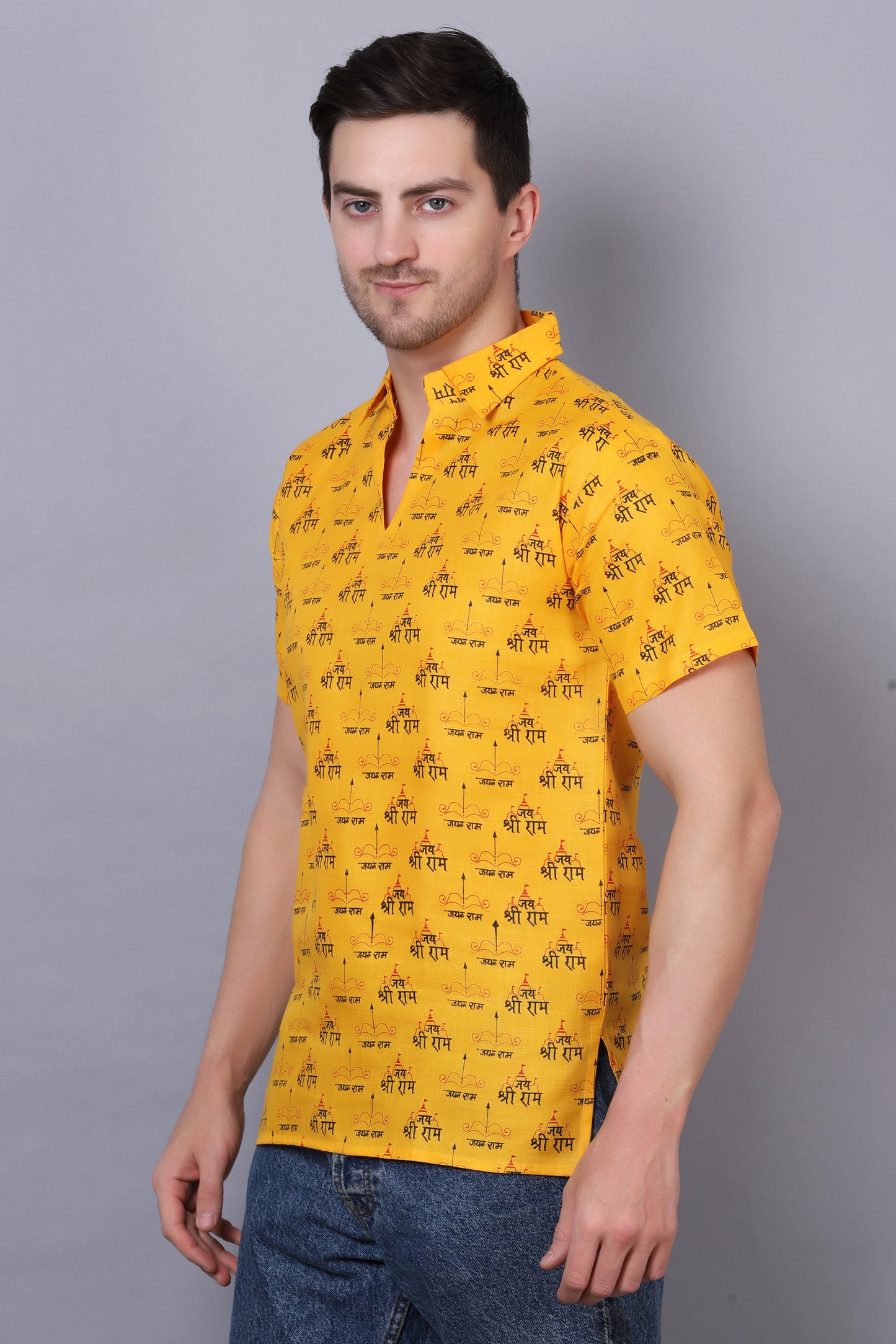 AXOLOTL Premium Jay Shree Ram Religious Print Cotton Blend Men Short Kurta