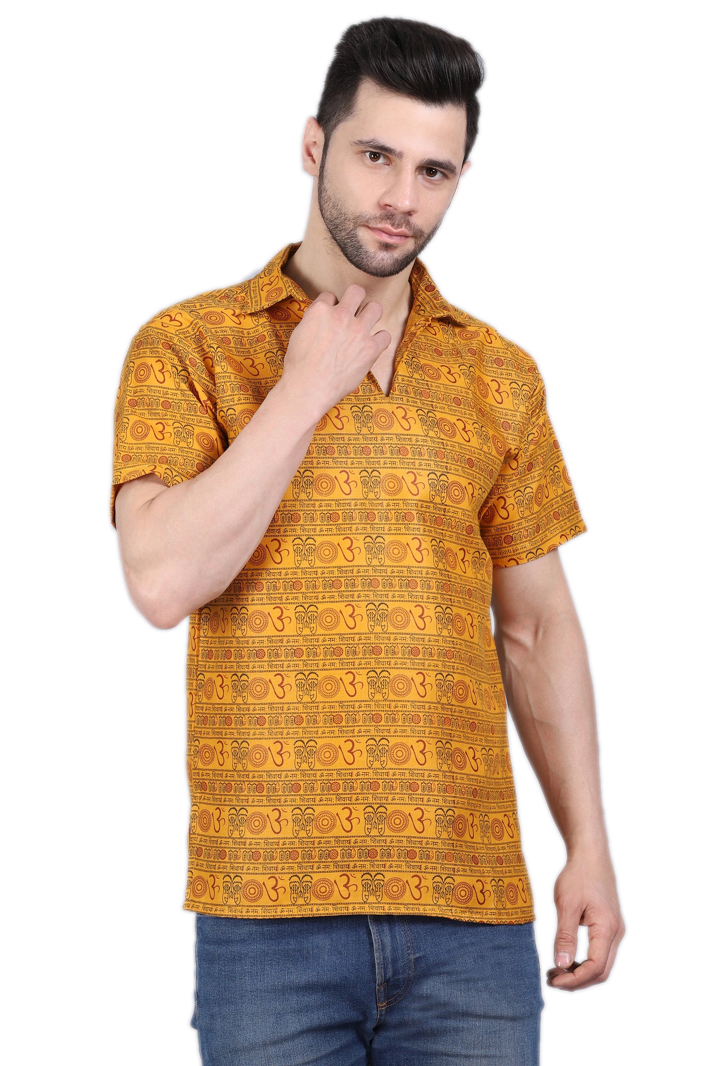 AXOLOTL Premium Om Mantra Religious Print Cotton Blend Men Short Kurta