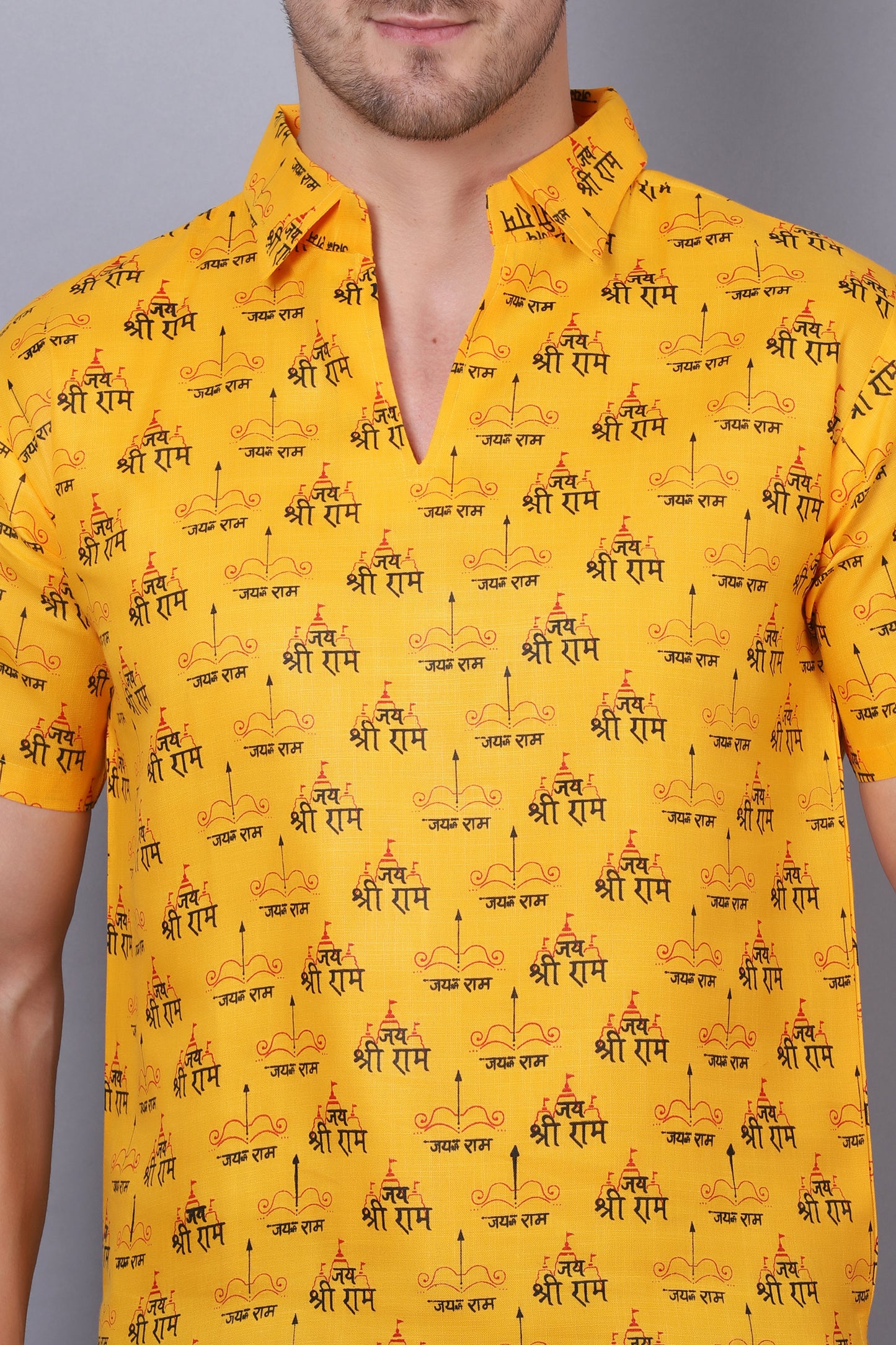 AXOLOTL Premium Jay Shree Ram Religious Print Cotton Blend Men Short Kurta