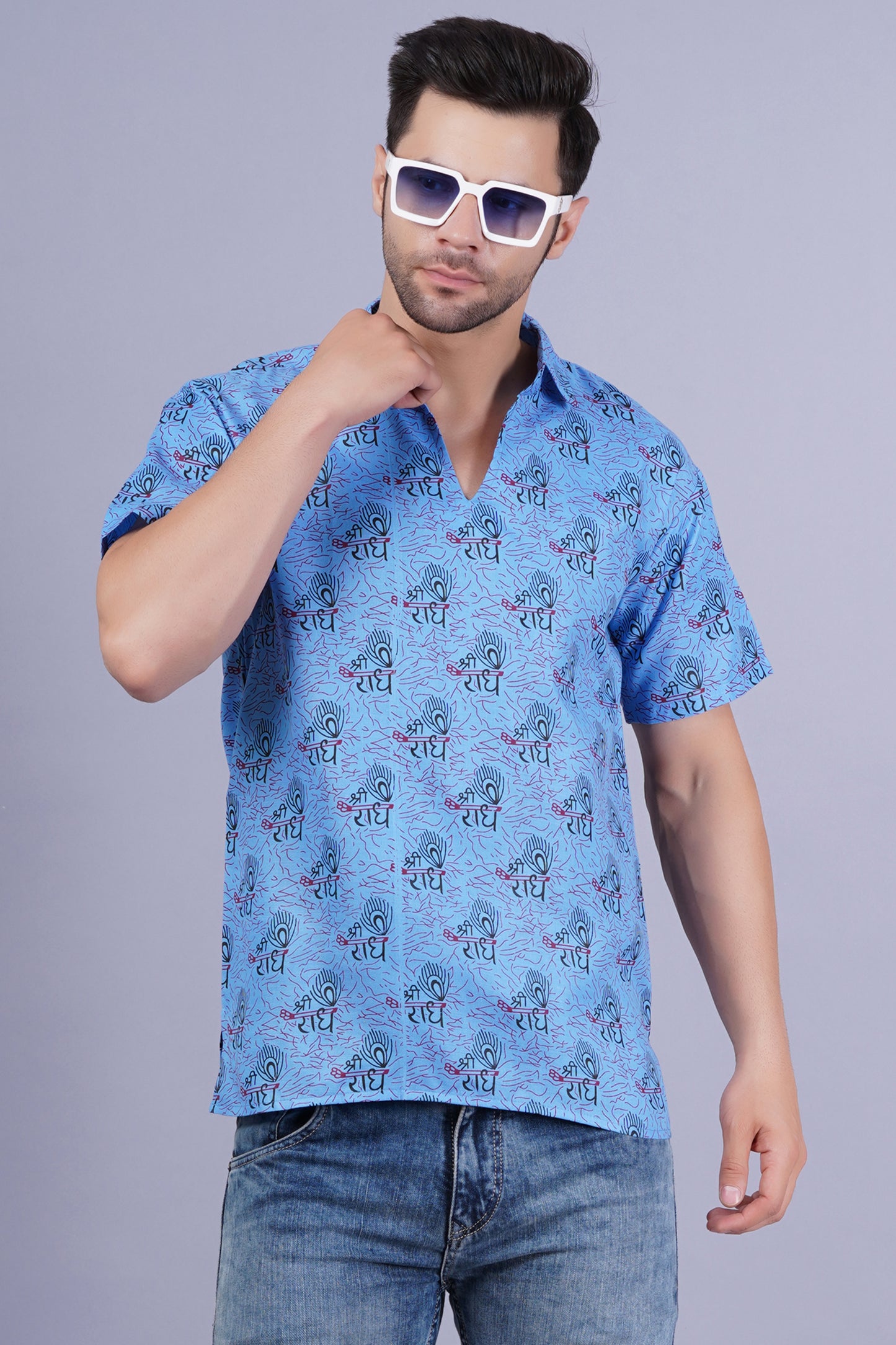 AXOLOTL Premium Radhe Radhe Religious Print Cotton Blend Men Short Kurta