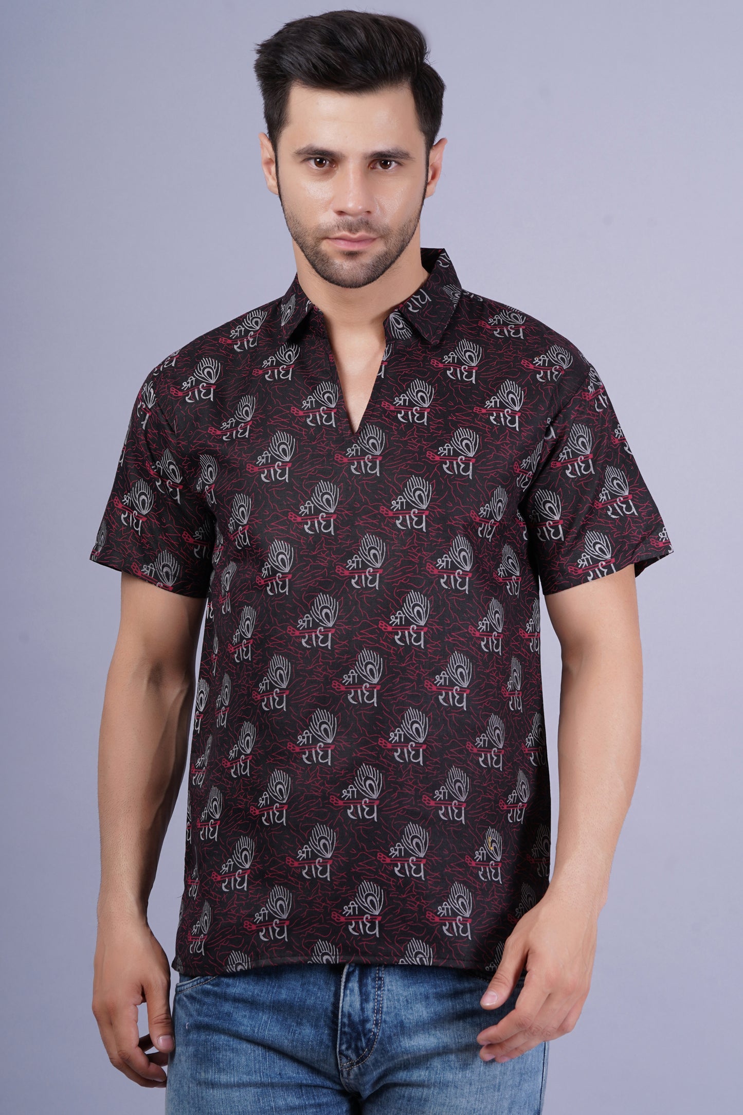 AXOLOTL Premium Radhe Radhe Religious Print Cotton Blend Men Short Kurta