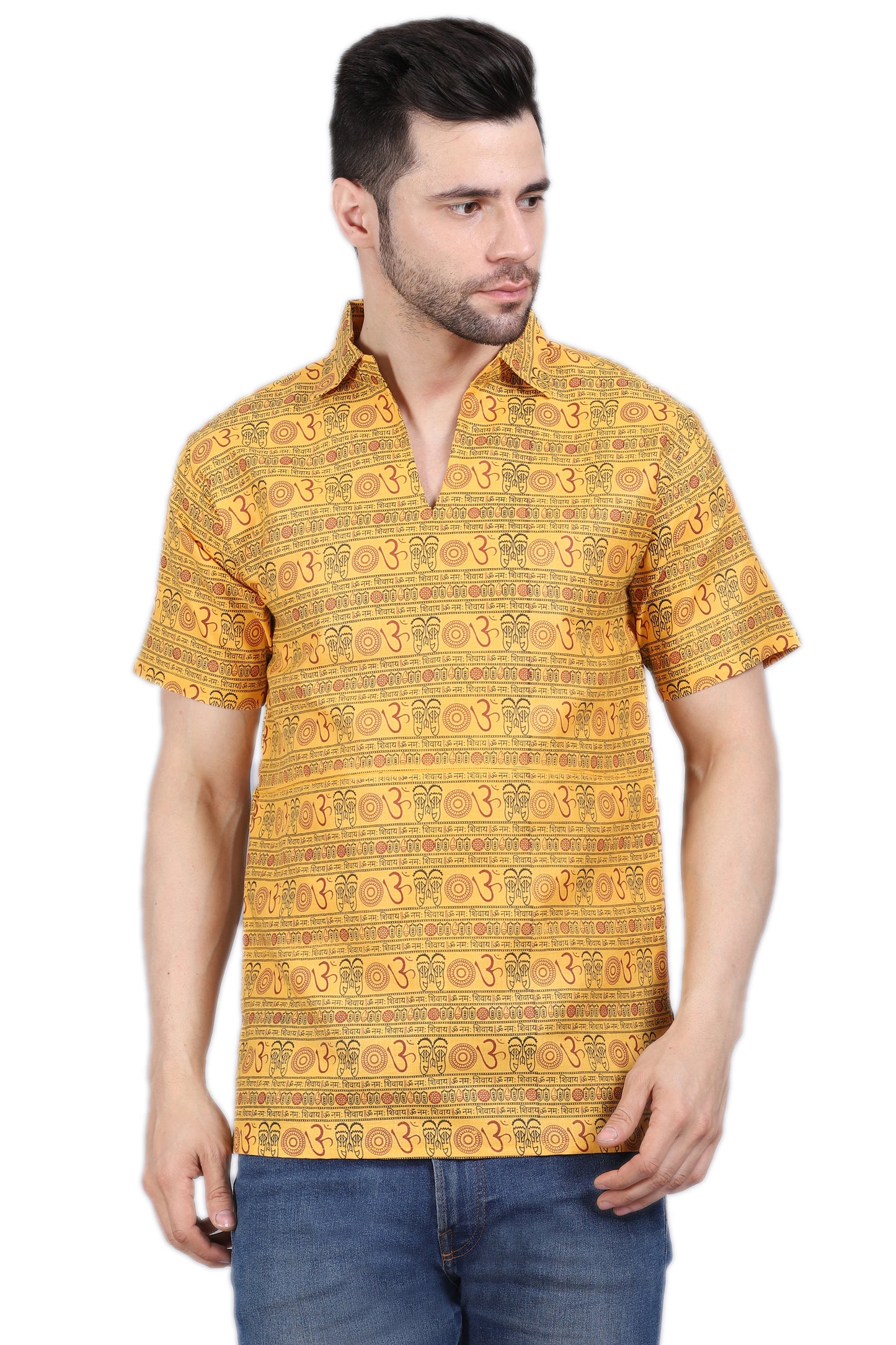 AXOLOTL Premium Om Mantra Religious Print Cotton Blend Men Short Kurta