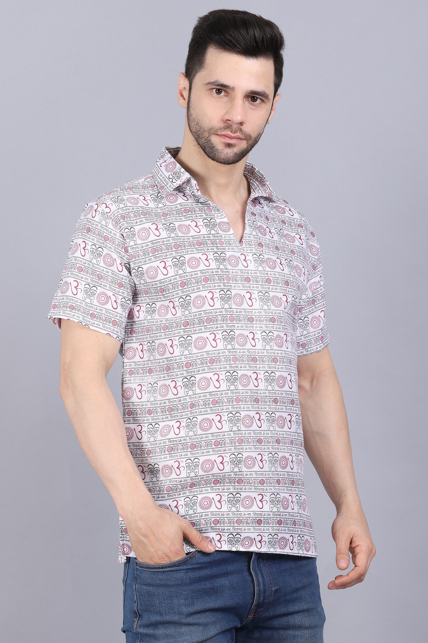 AXOLOTL Premium Om Mantra Religious Print Cotton Blend Men Short Kurta