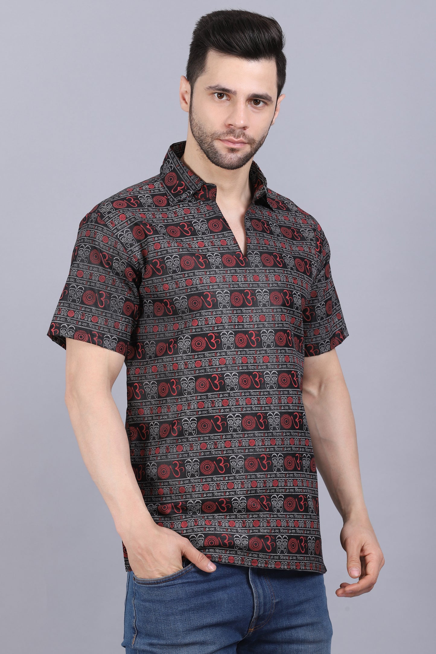 AXOLOTL Premium Om Mantra Religious Print Cotton Blend Men Short Kurta