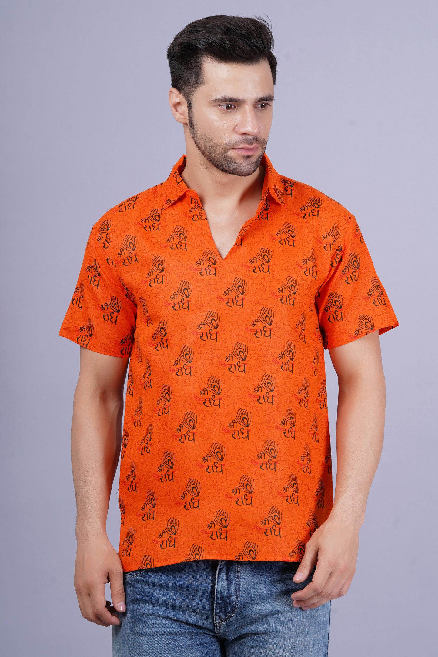 AXOLOTL Premium Radhe Radhe Religious Print Cotton Blend Men Short Kurta