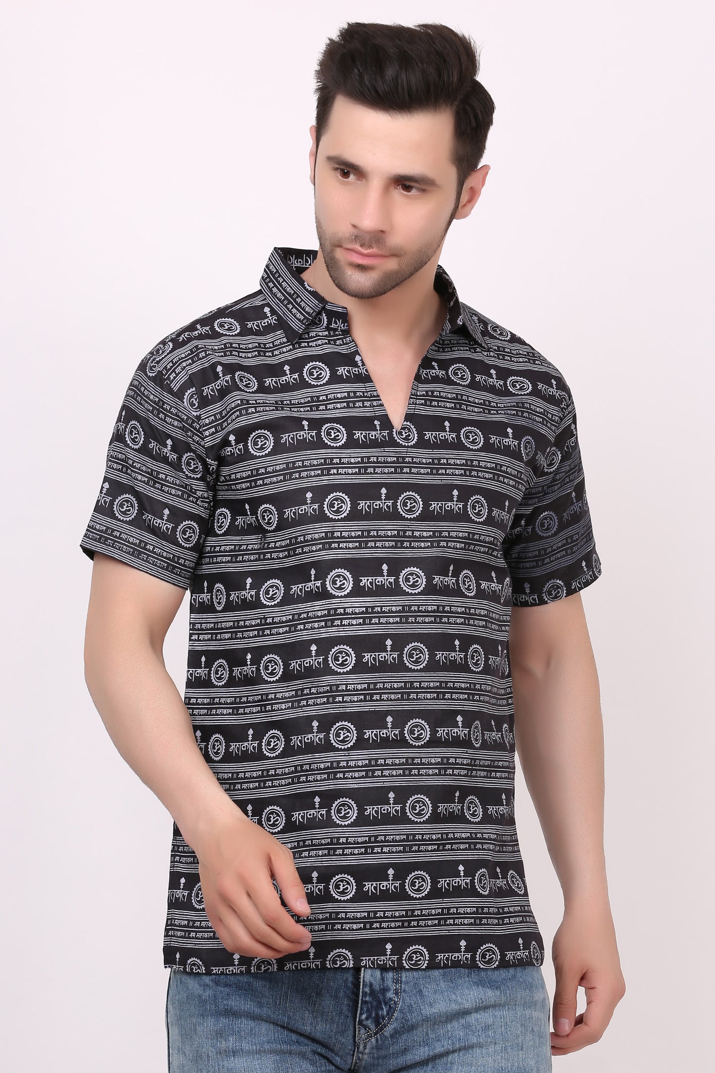 AXOLOTL Premium Lord Mahakaal Religious Print Cotton Blend Men Short Kurta