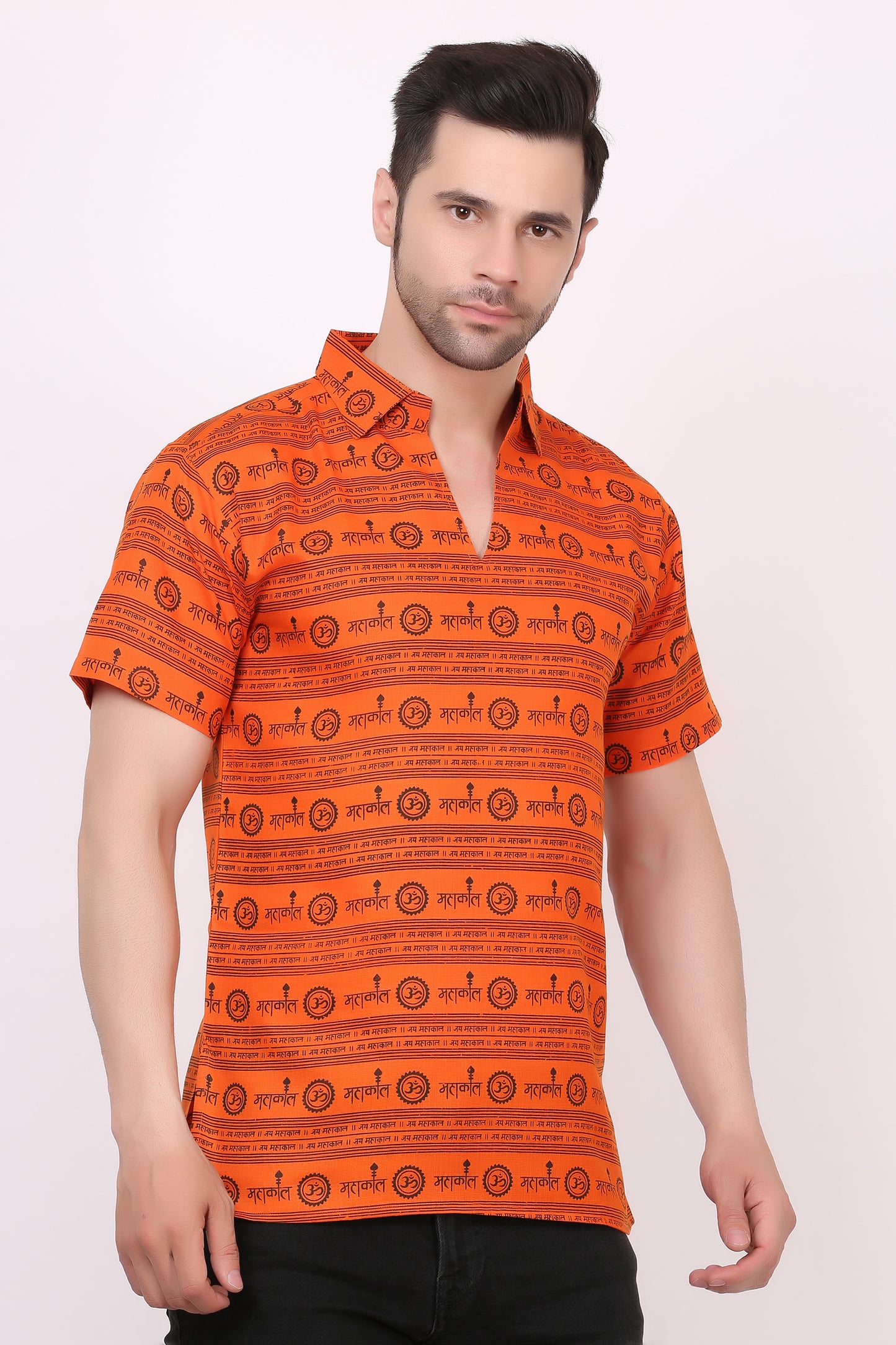 AXOLOTL Premium Lord Mahakaal Religious Print Cotton Blend Men Short Kurta