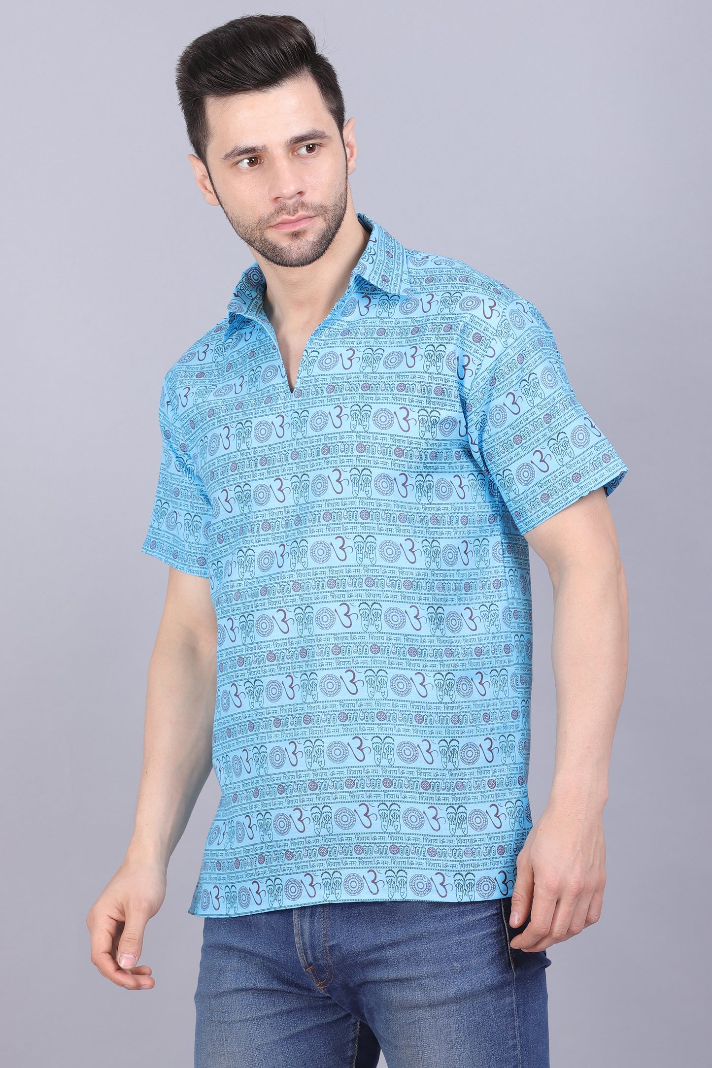 AXOLOTL Premium Om Mantra Religious Print Cotton Blend Men Short Kurta