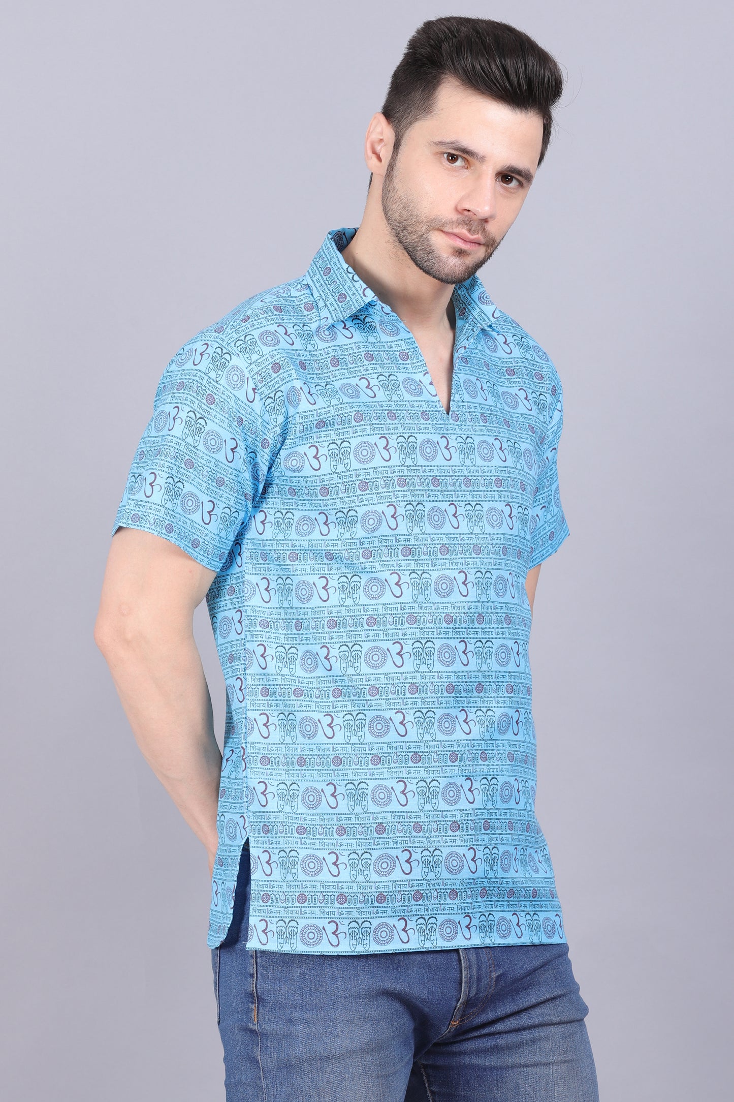 AXOLOTL Premium Om Mantra Religious Print Cotton Blend Men Short Kurta