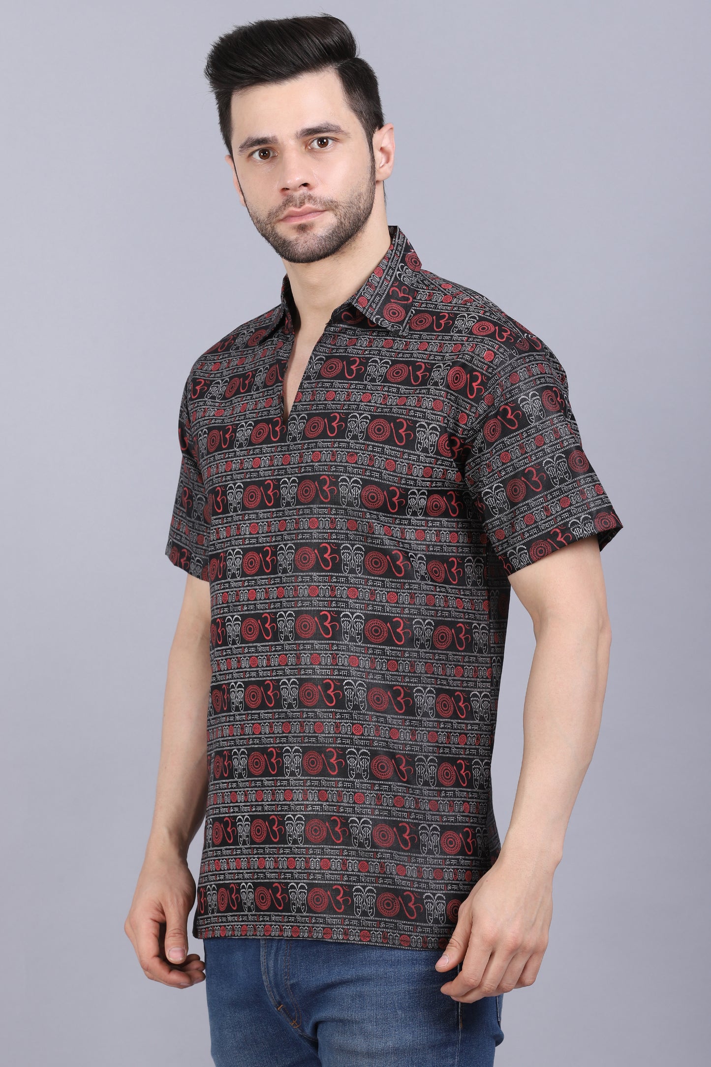 AXOLOTL Premium Om Mantra Religious Print Cotton Blend Men Short Kurta