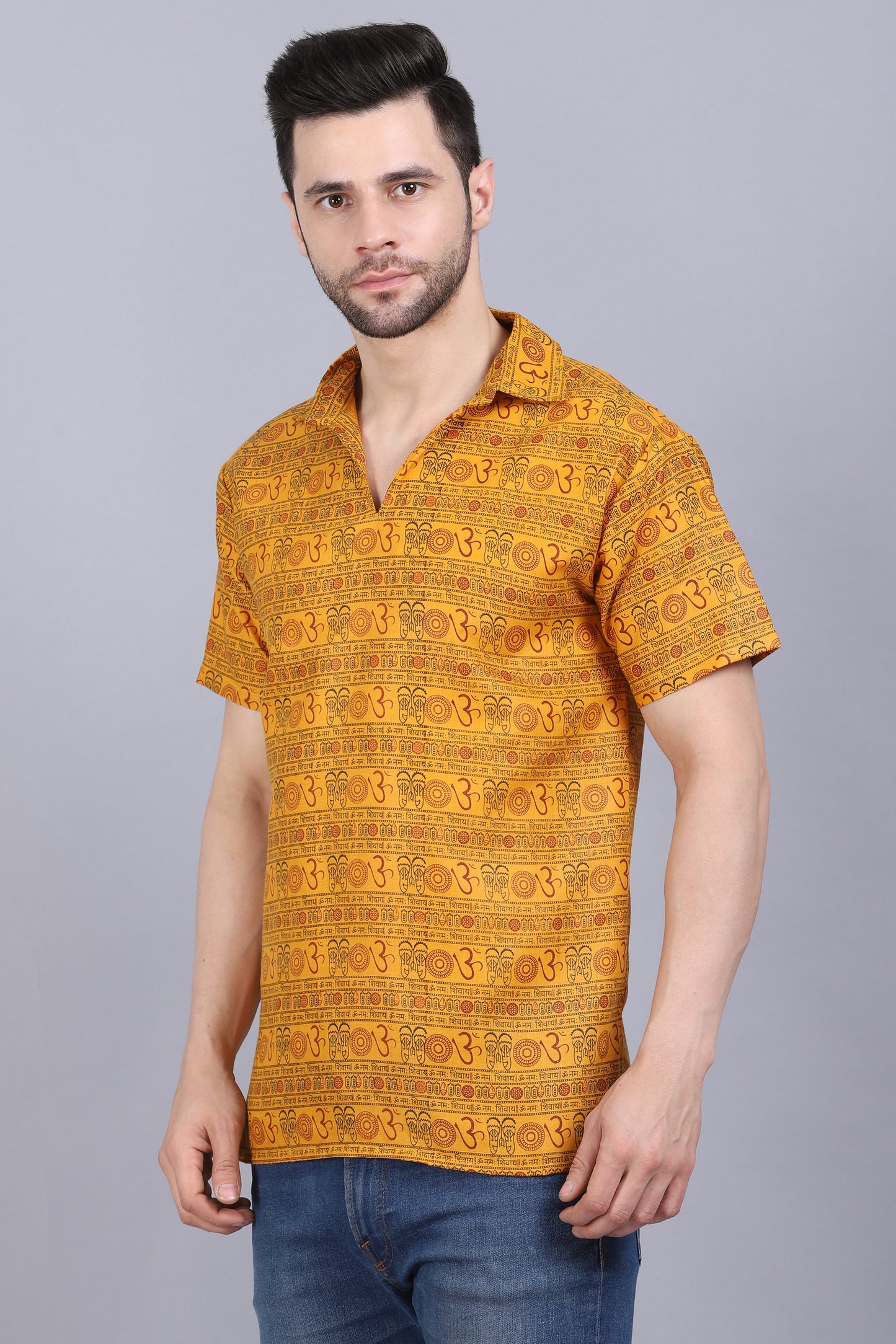 AXOLOTL Premium Om Mantra Religious Print Cotton Blend Men Short Kurta