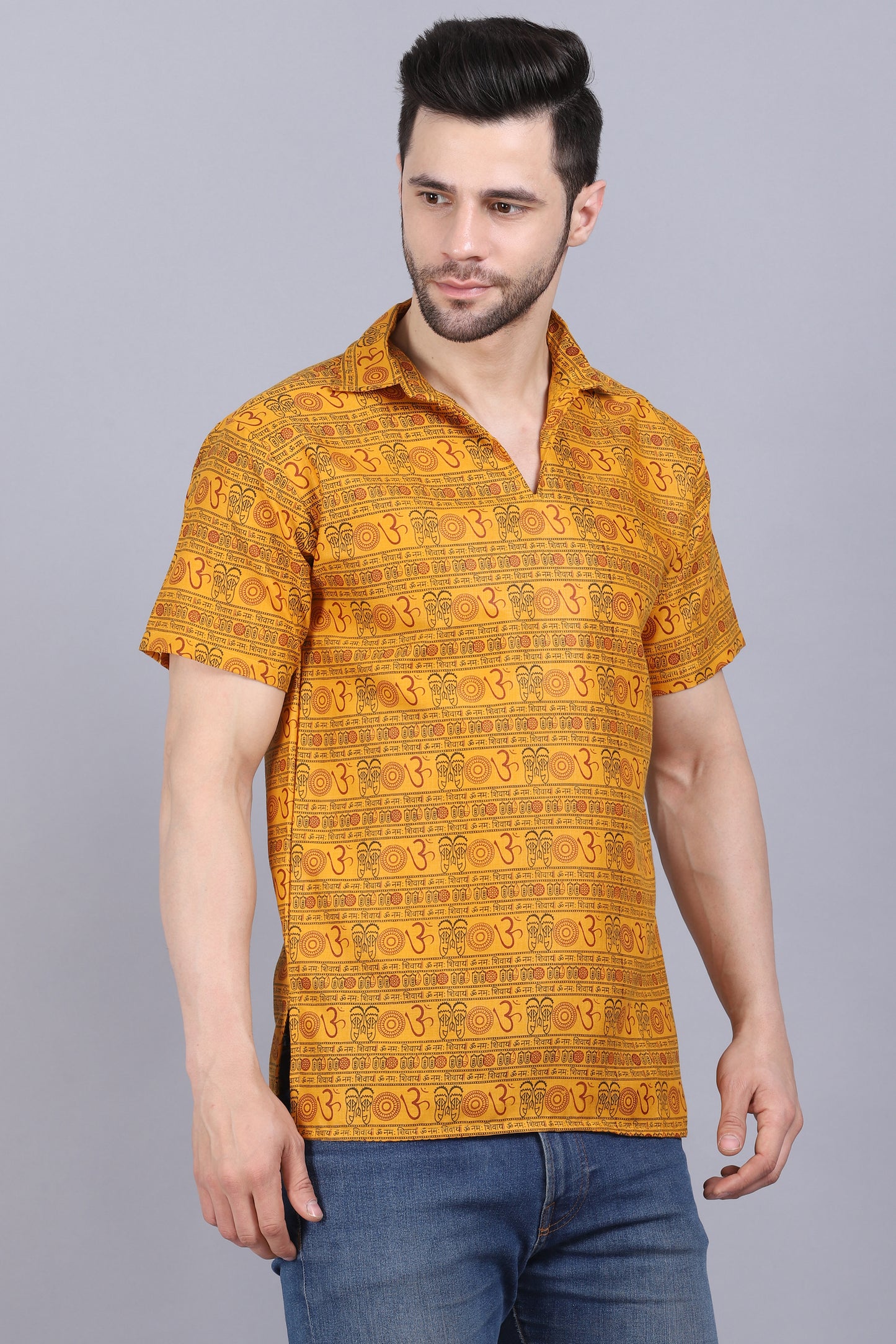 AXOLOTL Premium Om Mantra Religious Print Cotton Blend Men Short Kurta