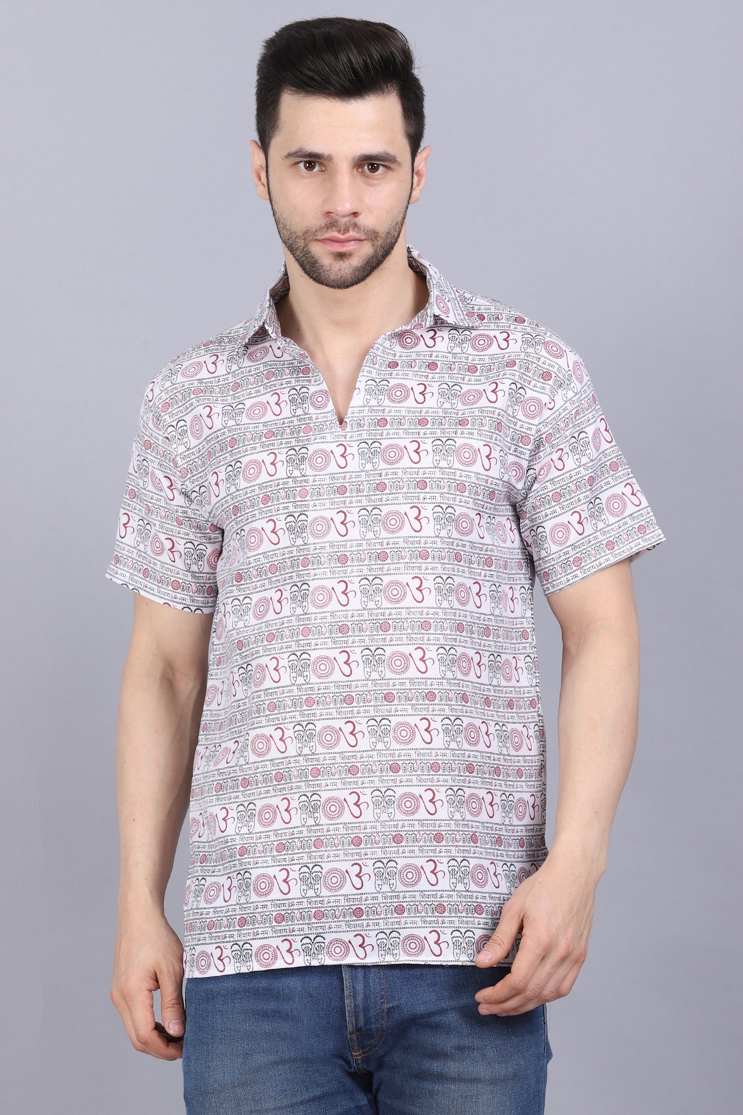 AXOLOTL Premium Om Mantra Religious Print Cotton Blend Men Short Kurta