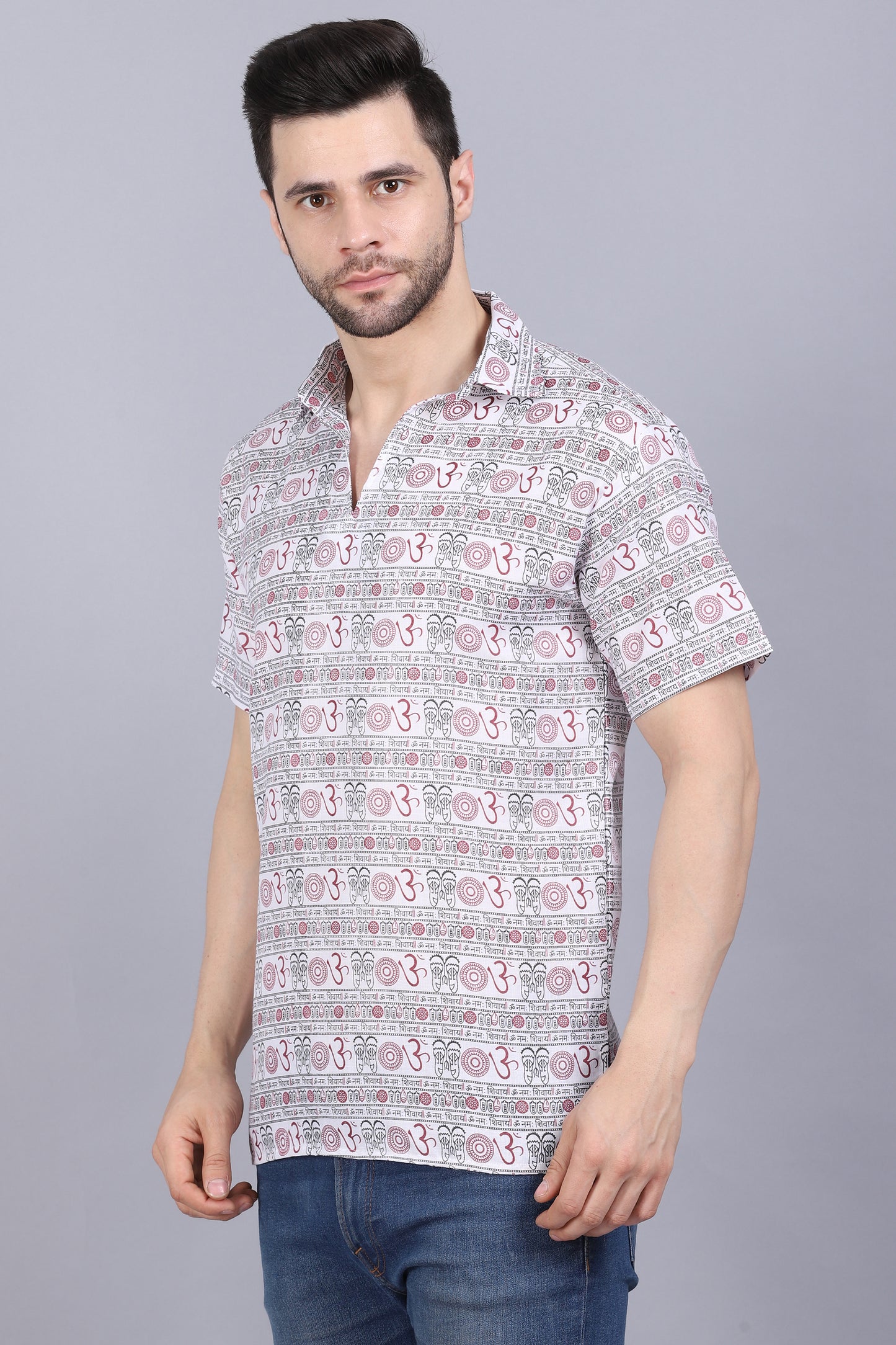 AXOLOTL Premium Om Mantra Religious Print Cotton Blend Men Short Kurta