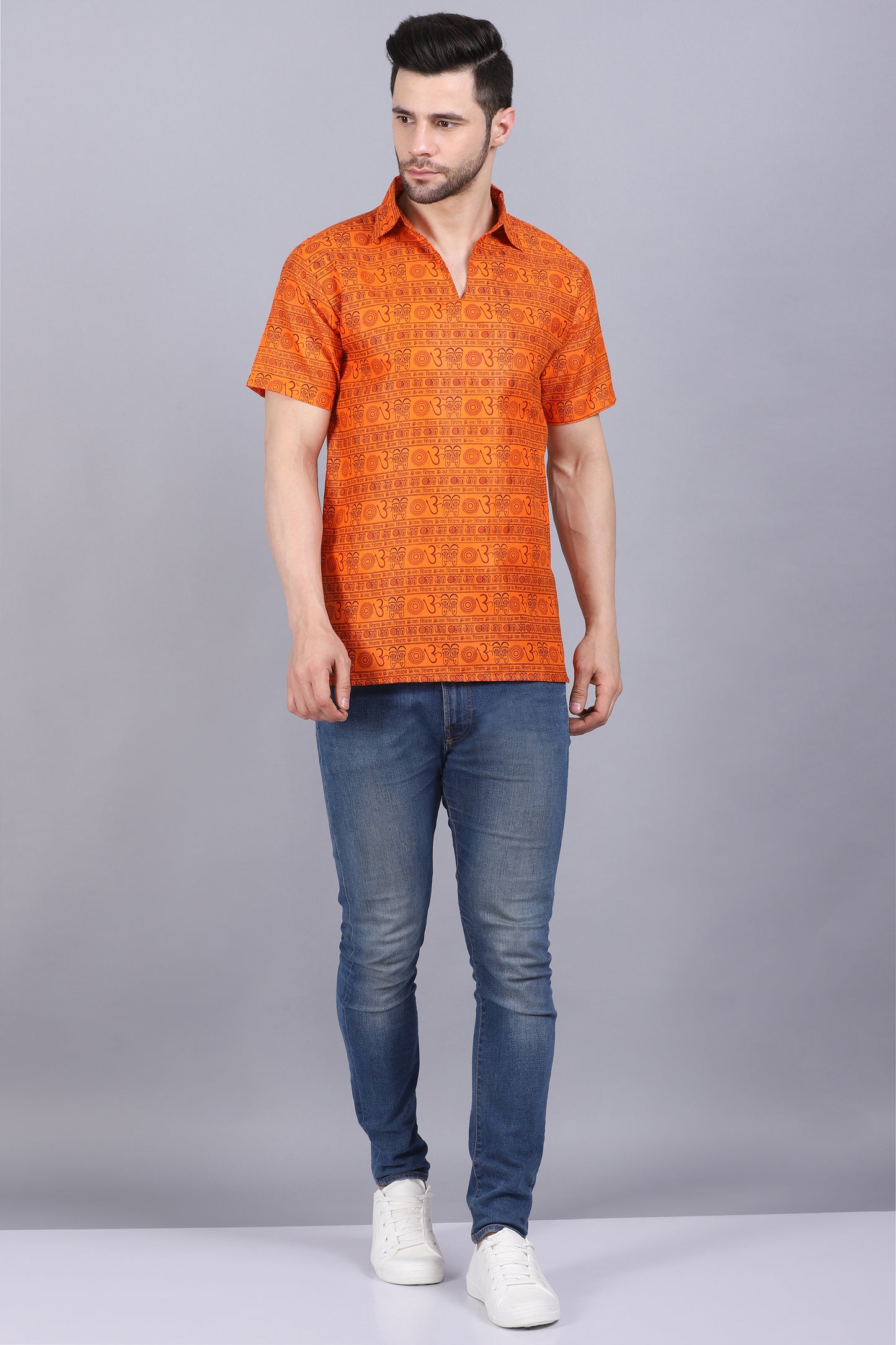 AXOLOTL Premium Om Mantra Religious Print Cotton Blend Men Short Kurta