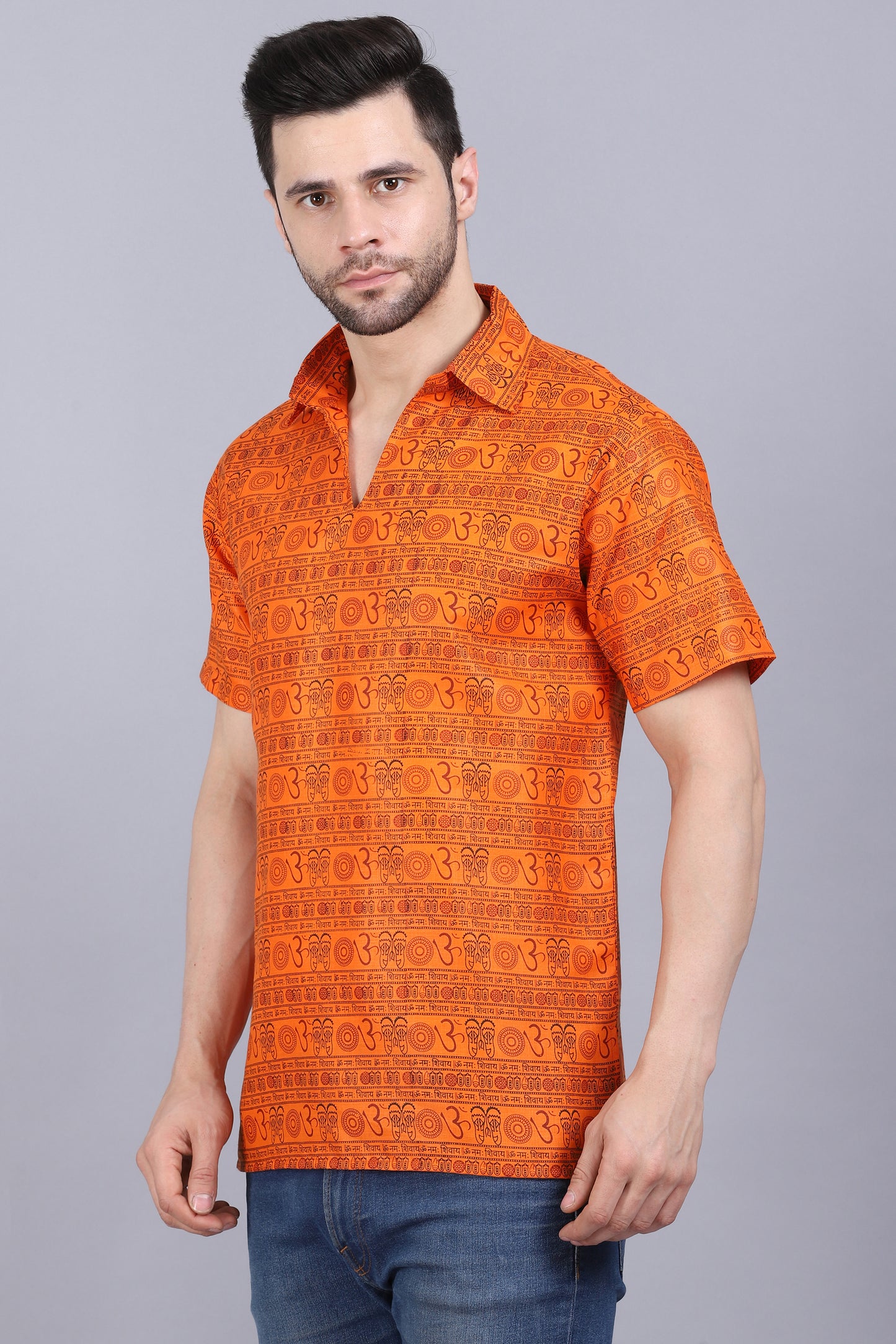 AXOLOTL Premium Om Mantra Religious Print Cotton Blend Men Short Kurta